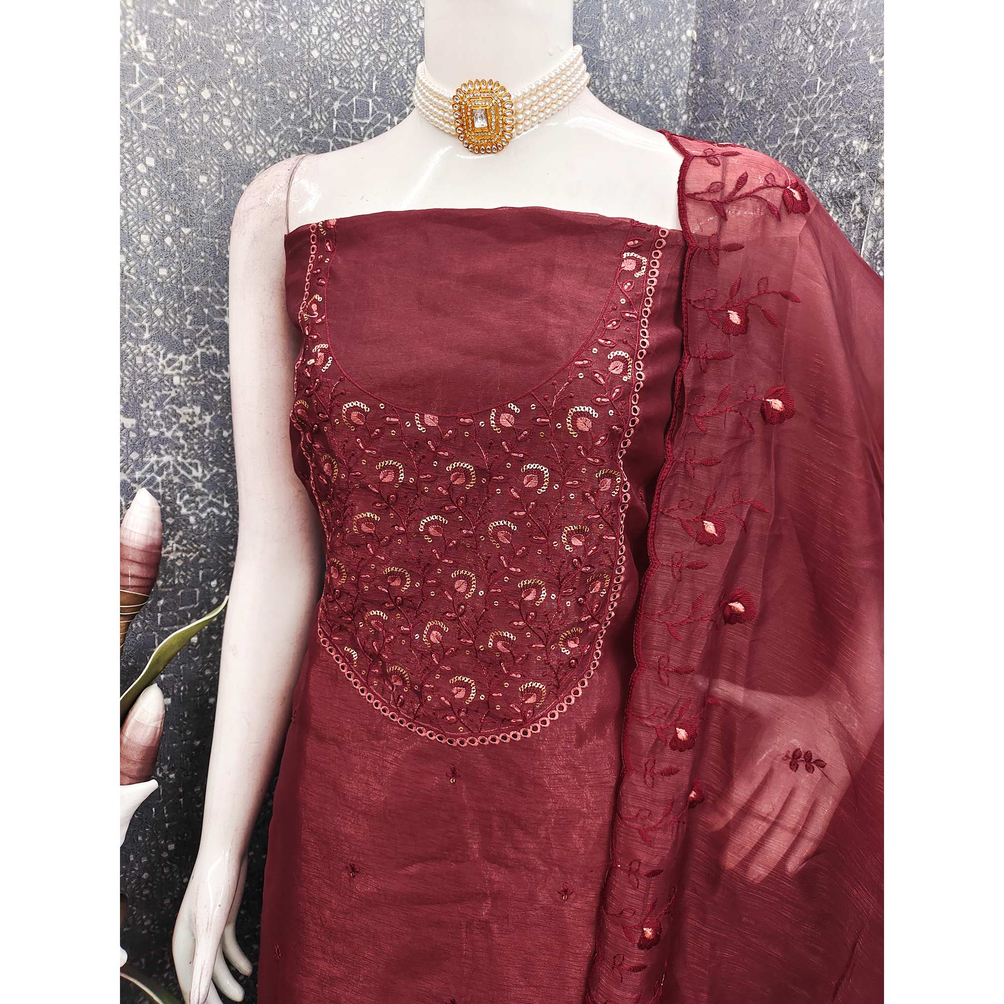 Beautiful Maroon Art Silk Unstitched Suit Material Decorated with Fine Floral Embroidery Work