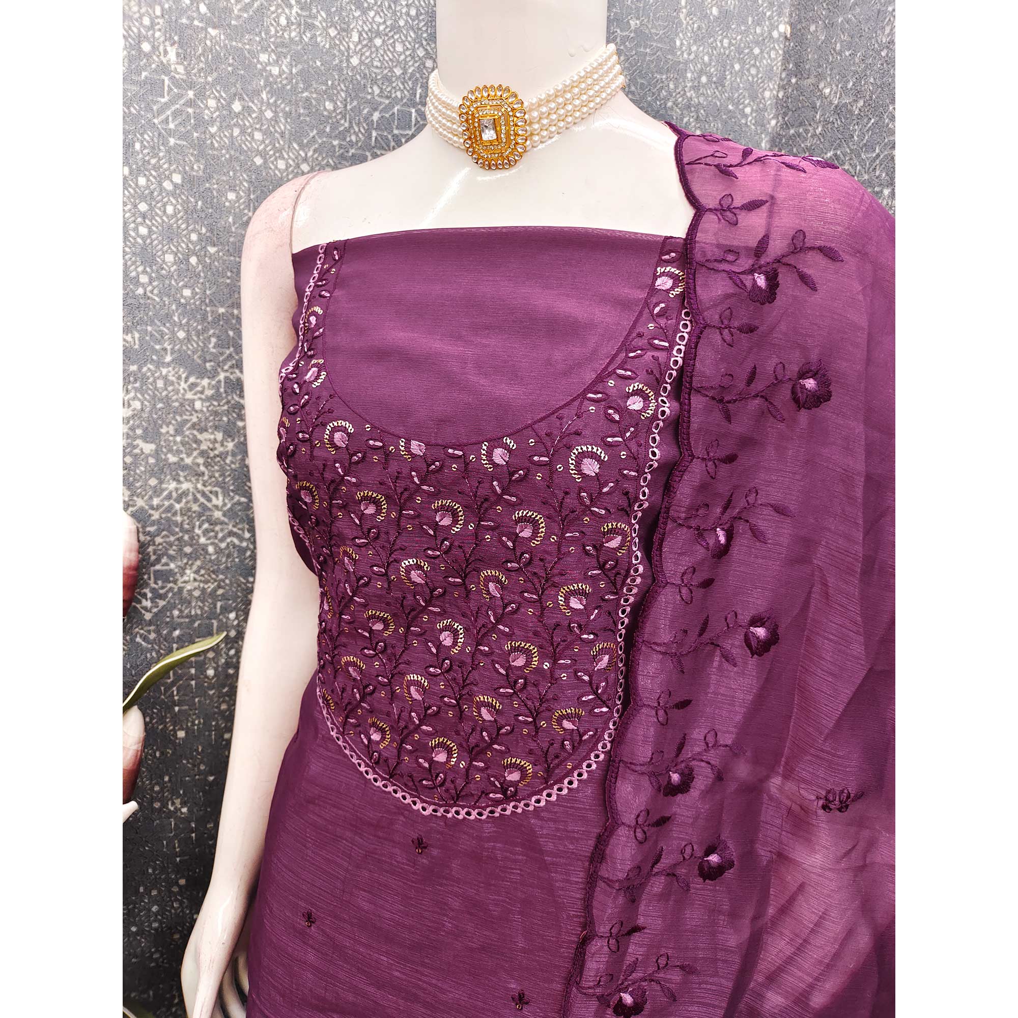 Beautiful Purple Art Silk Unstitched Suit Material Decorated with Fine Floral Embroidery Work