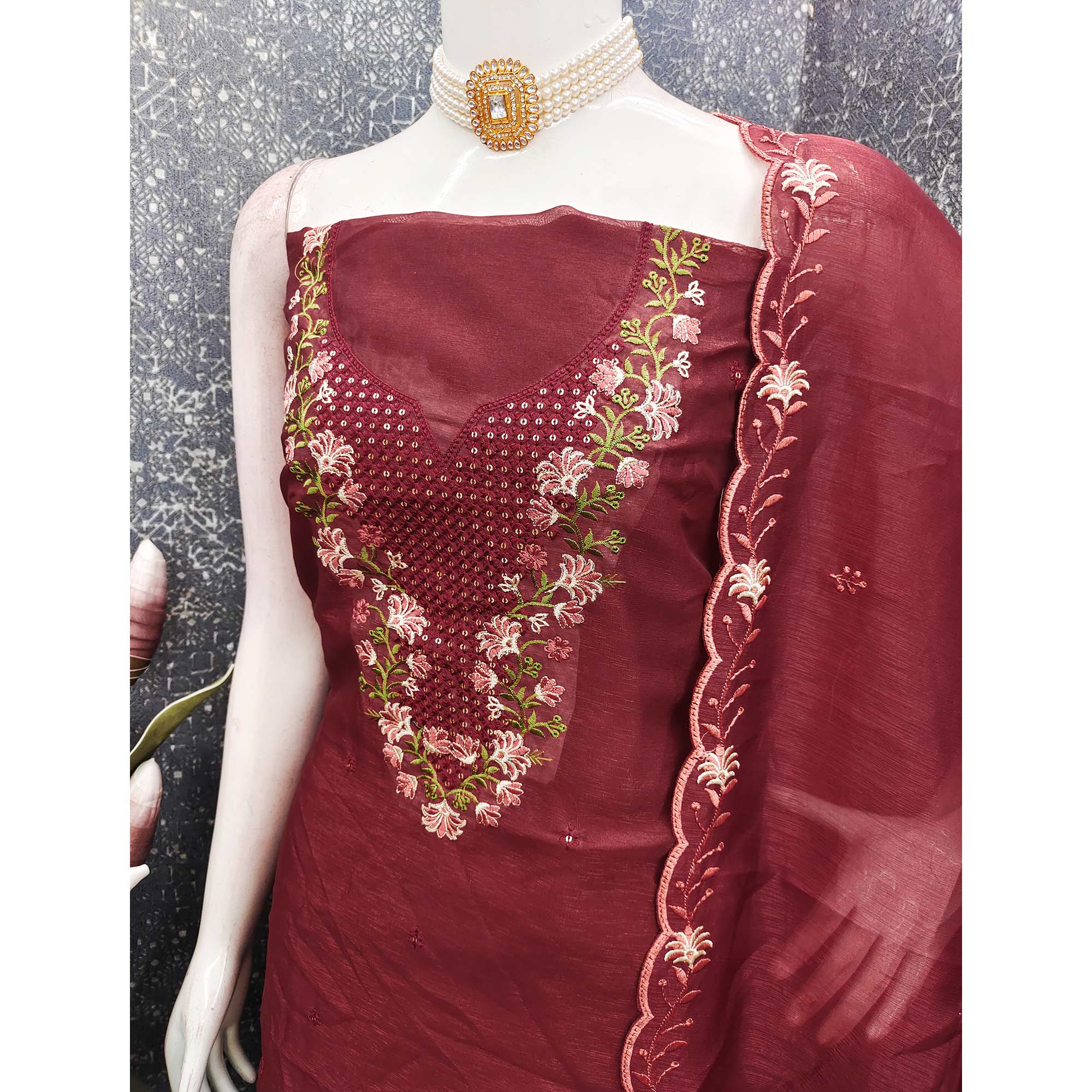 Maroon Floral Embroidered Art Silk Suit Material Ideal for Festive and Celebration Looks