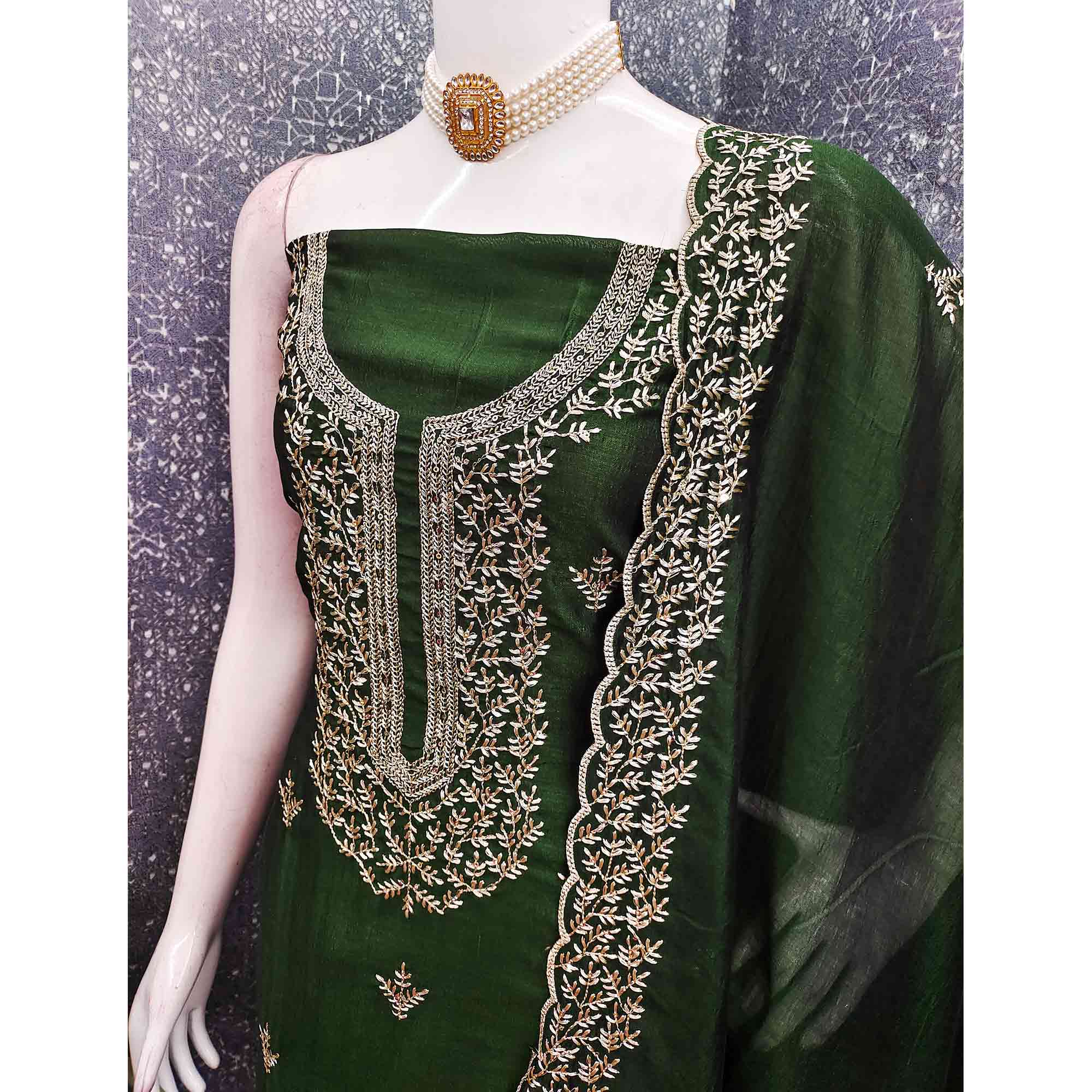 Elegant Green Zari Embroidery & Sequins Embellished Vichitra Silk Dress Material