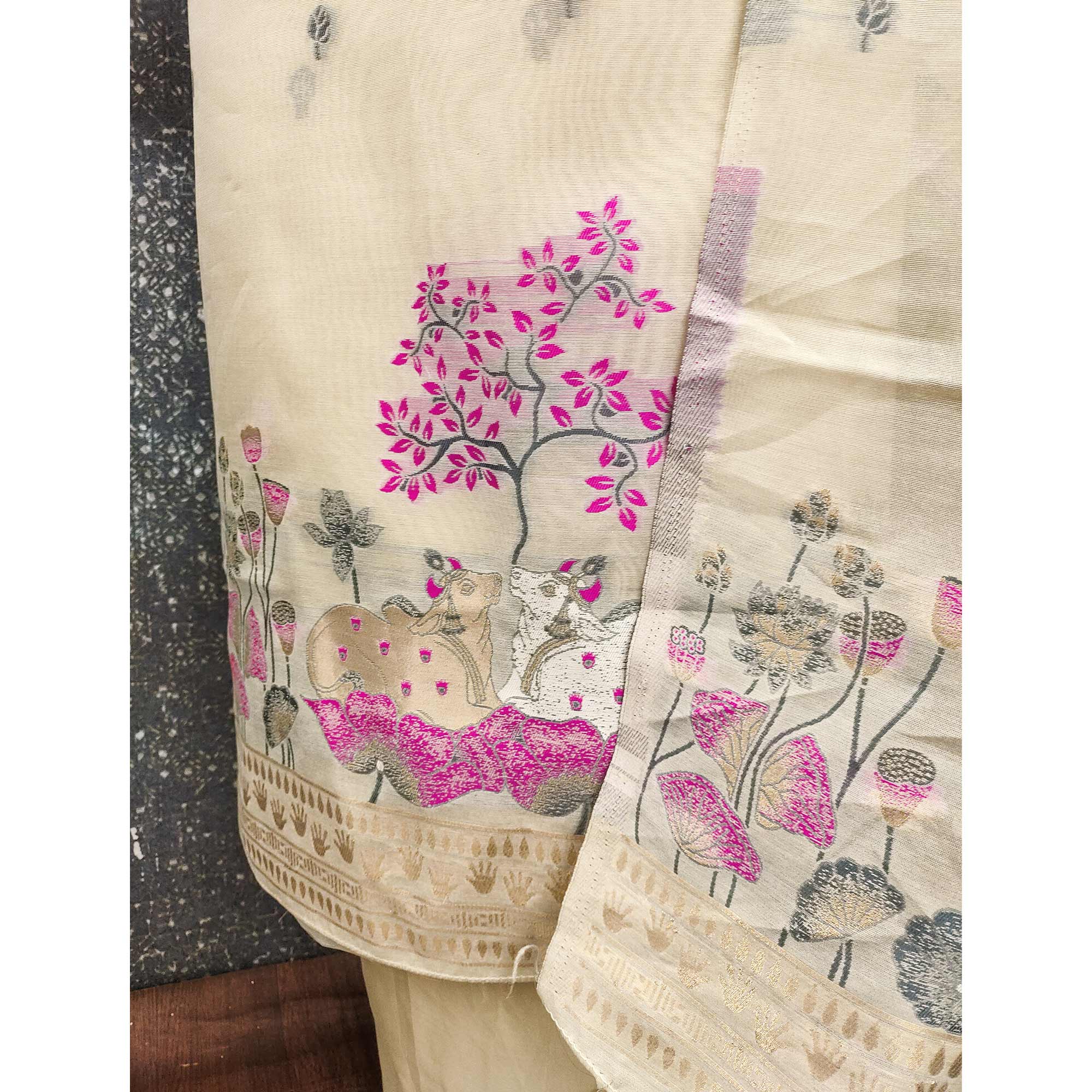 Premium Cream Chanderi Silk Weaving Dress Material With Artistic Floral & Animal Motifs