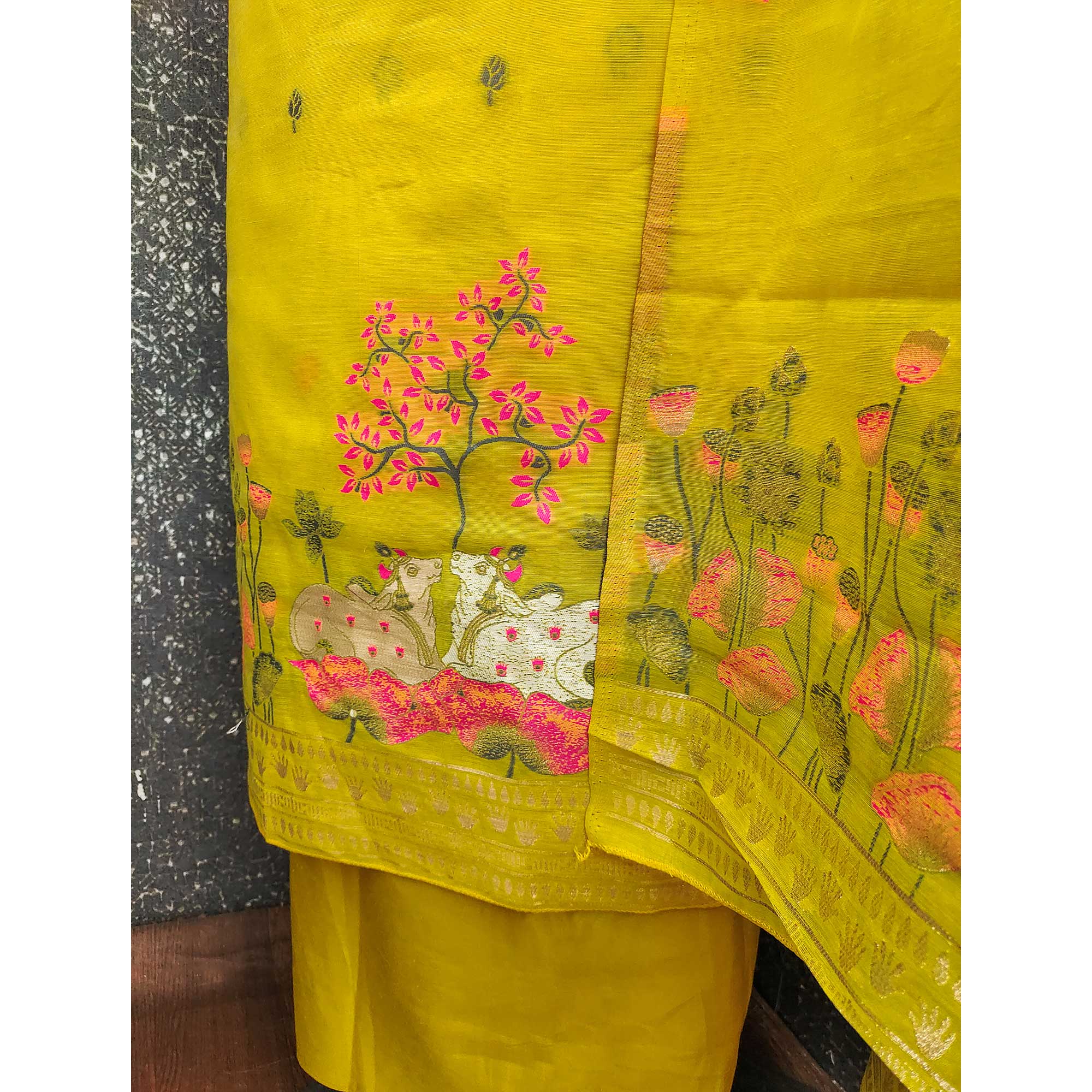 Premium Lemon Yellow Chanderi Silk Weaving Dress Material With Artistic Floral & Animal Motifs