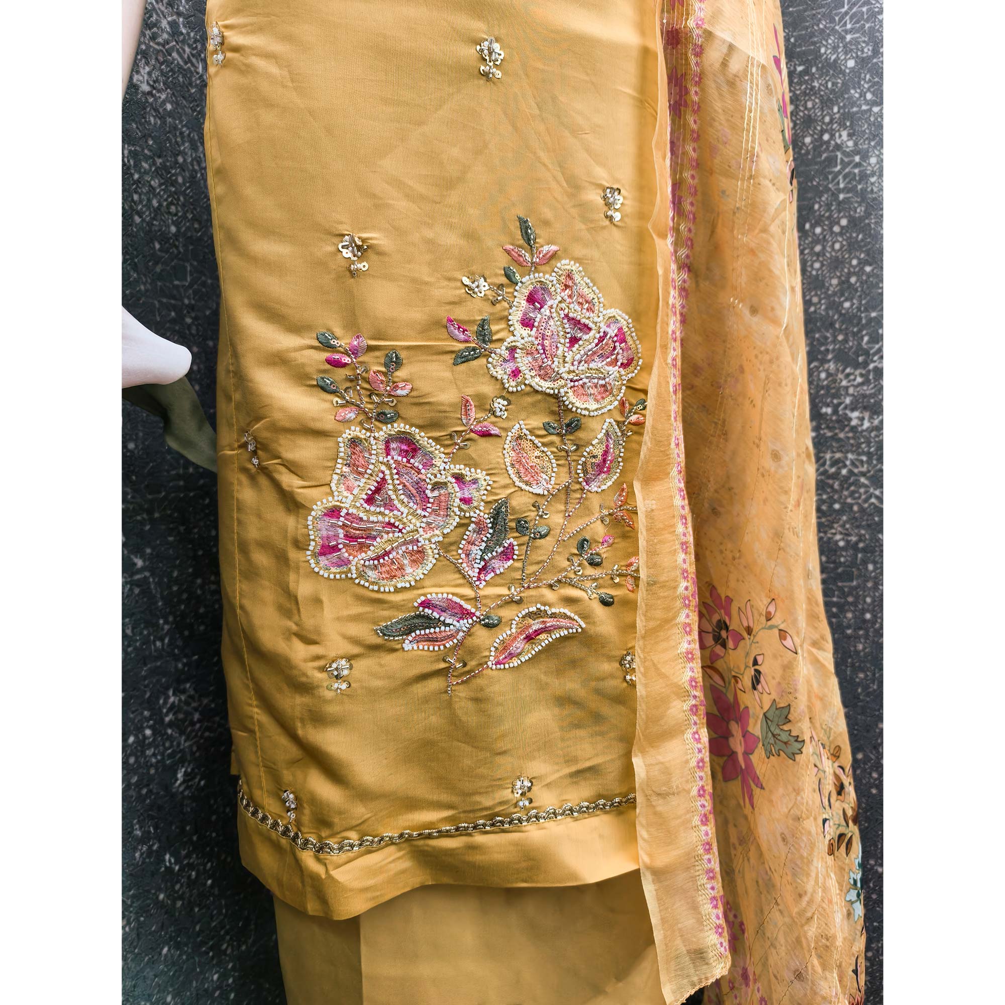 Mustard Embroidered Chanderi Silk Unstitched Dress Material with Delicate Beads Work