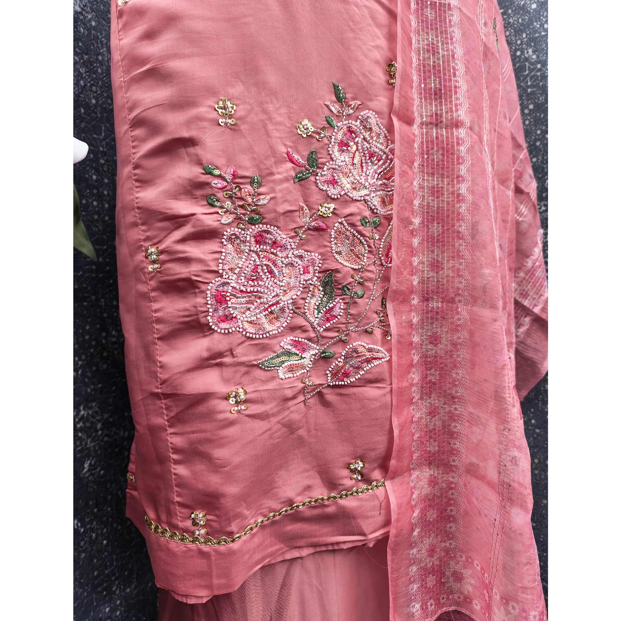 Rose Pink Embroidered Chanderi Silk Unstitched Dress Material with Delicate Beads Work