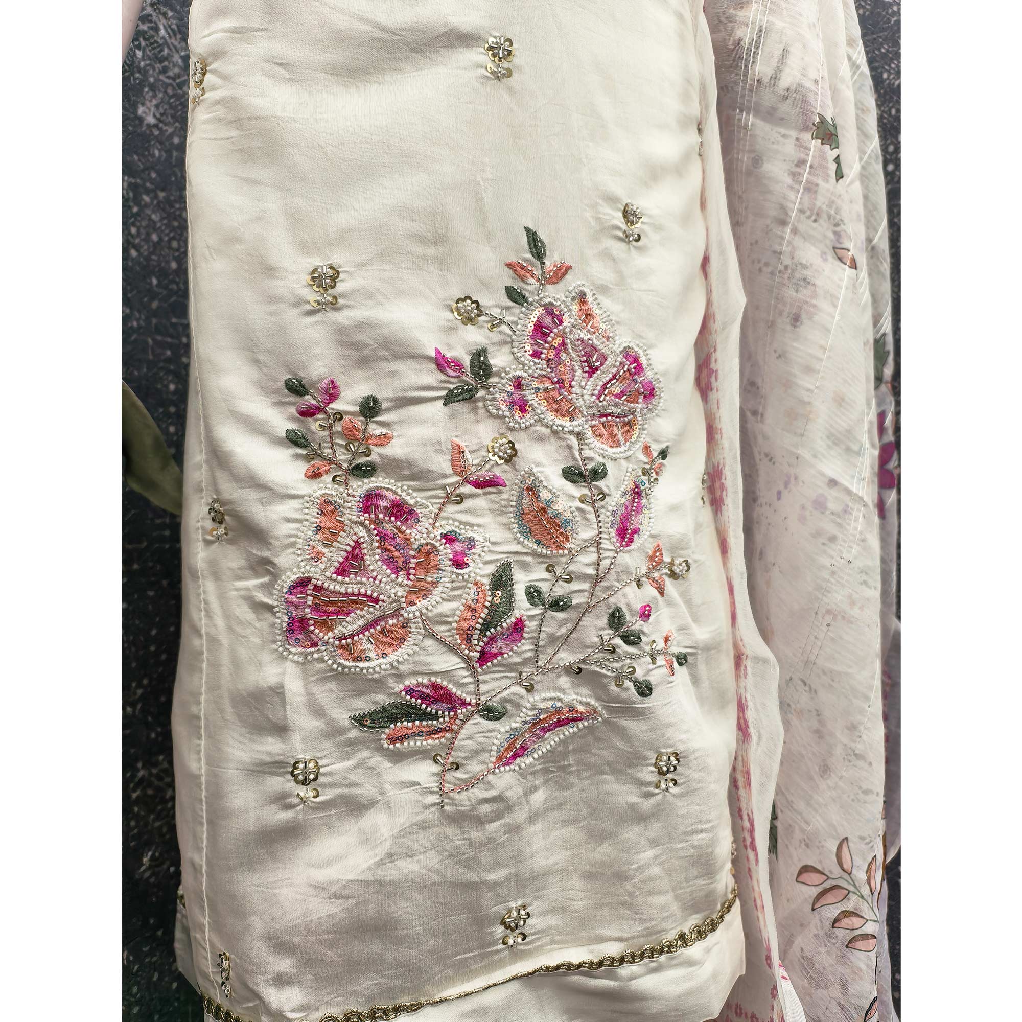 White Embroidered Chanderi Silk Unstitched Dress Material with Delicate Beads Work