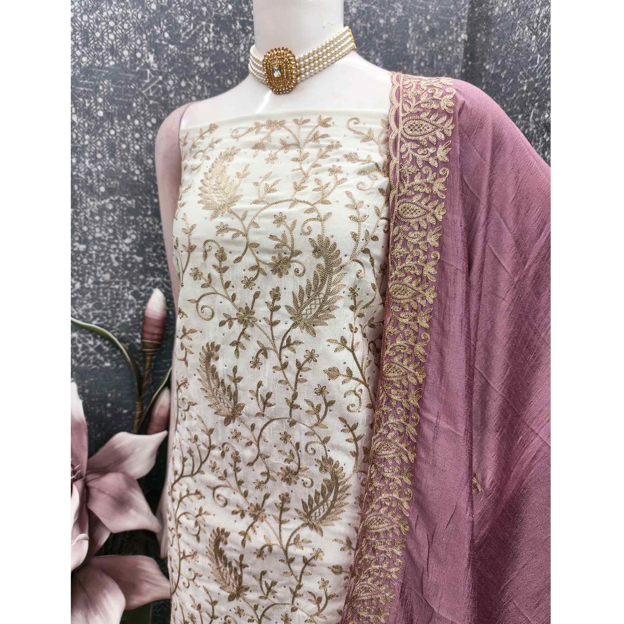 Cream & Mauve Lustrous Vichitra Silk Dress Material Accented with Artistic Thread Embroidery