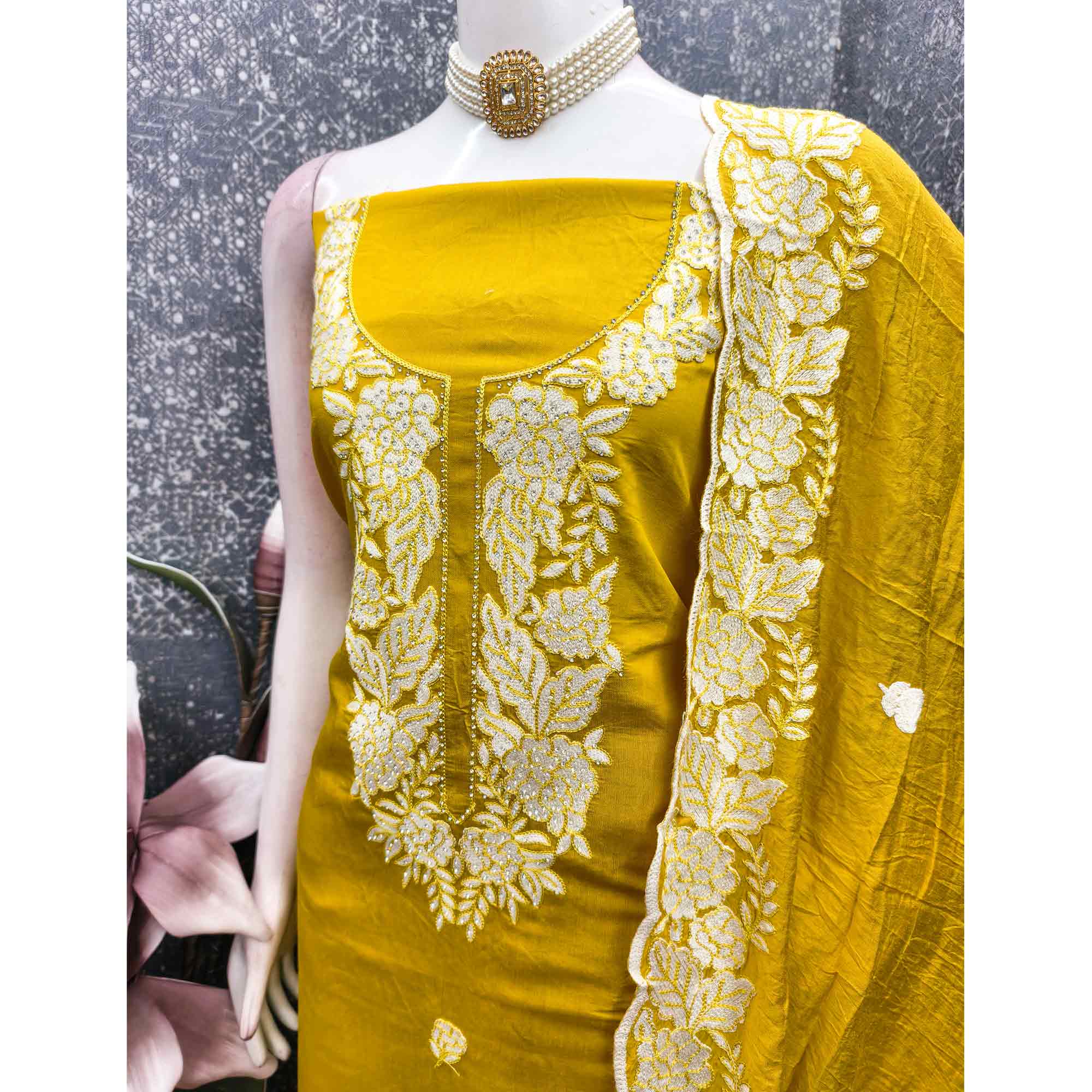 Mustard Rich Viscose Dress Material Highlighted with Refined Floral Thread Embroidery