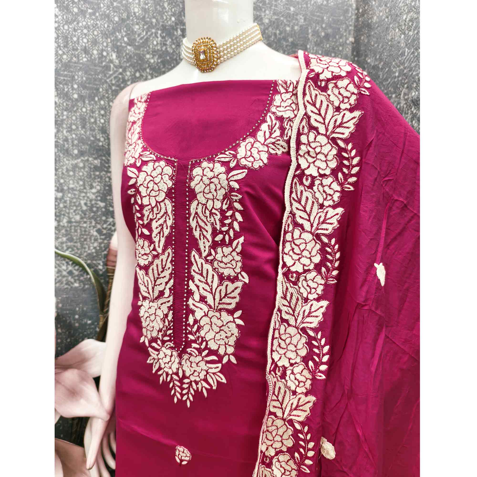 Pink Rich Viscose Dress Material Highlighted with Refined Floral Thread Embroidery