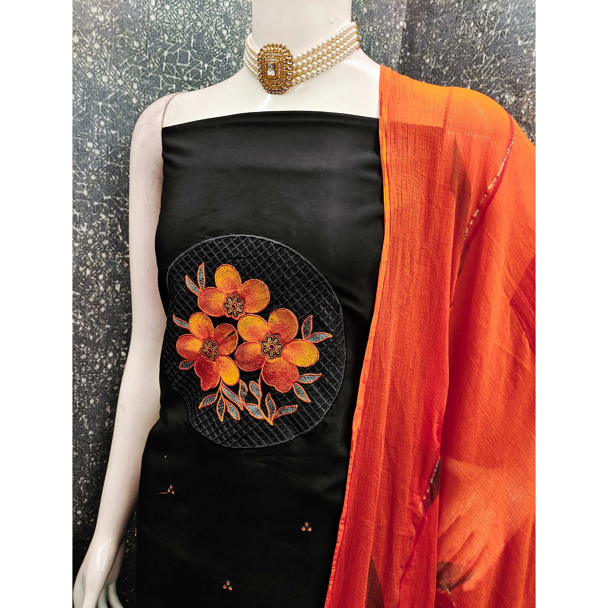 Black Designer Viscose Dress Material Featuring Intricate Floral Embroidered Detailing