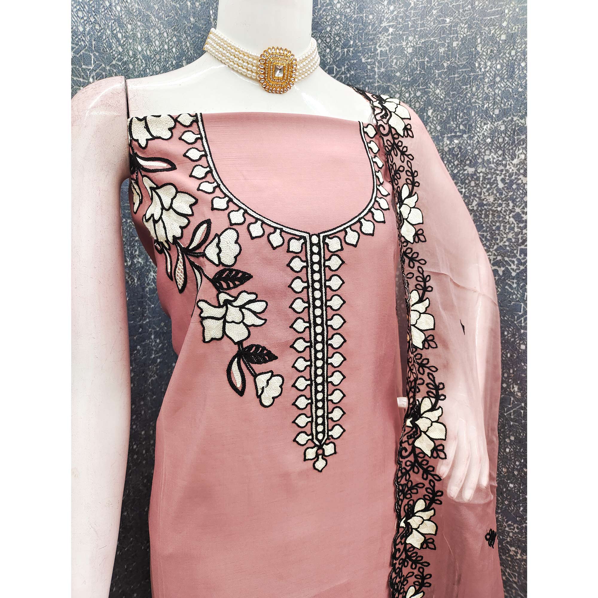 Graceful Peach Floral Viscose Dress Material Enhanced With Intricate Thread Embroidery Work