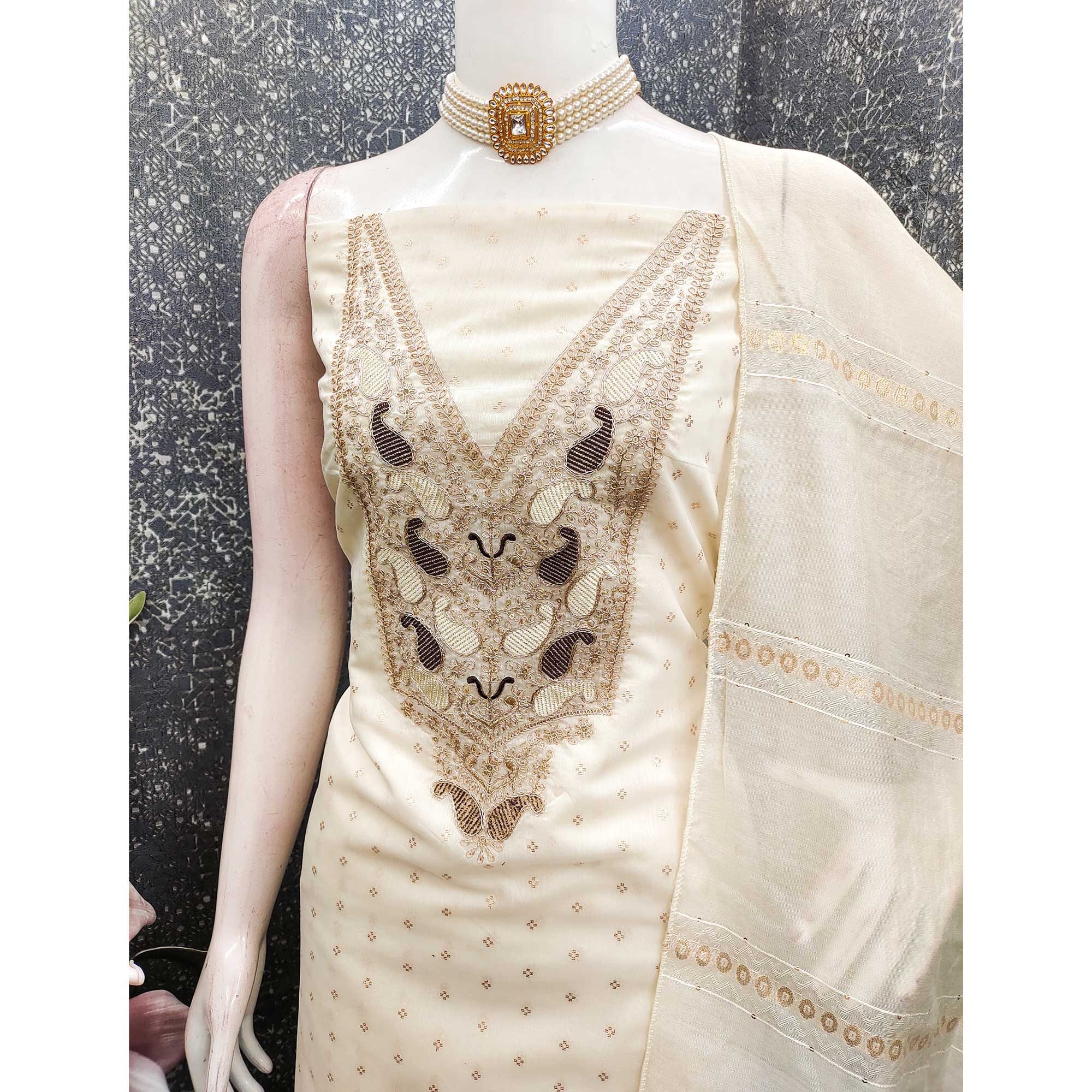 Cream Weaving Chanderi Silk Dress Material Adorned With Cording Embroidery & Sequins Work