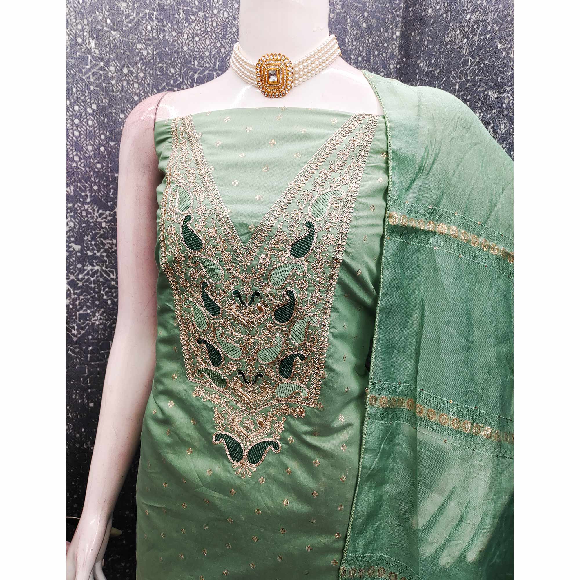 Green Weaving Chanderi Silk Dress Material Adorned With Cording Embroidery & Sequins Work