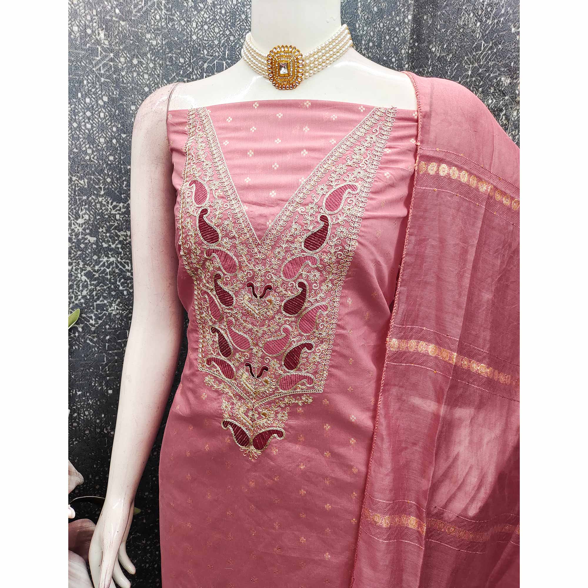 Peach Weaving Chanderi Silk Dress Material Adorned With Cording Embroidery & Sequins Work