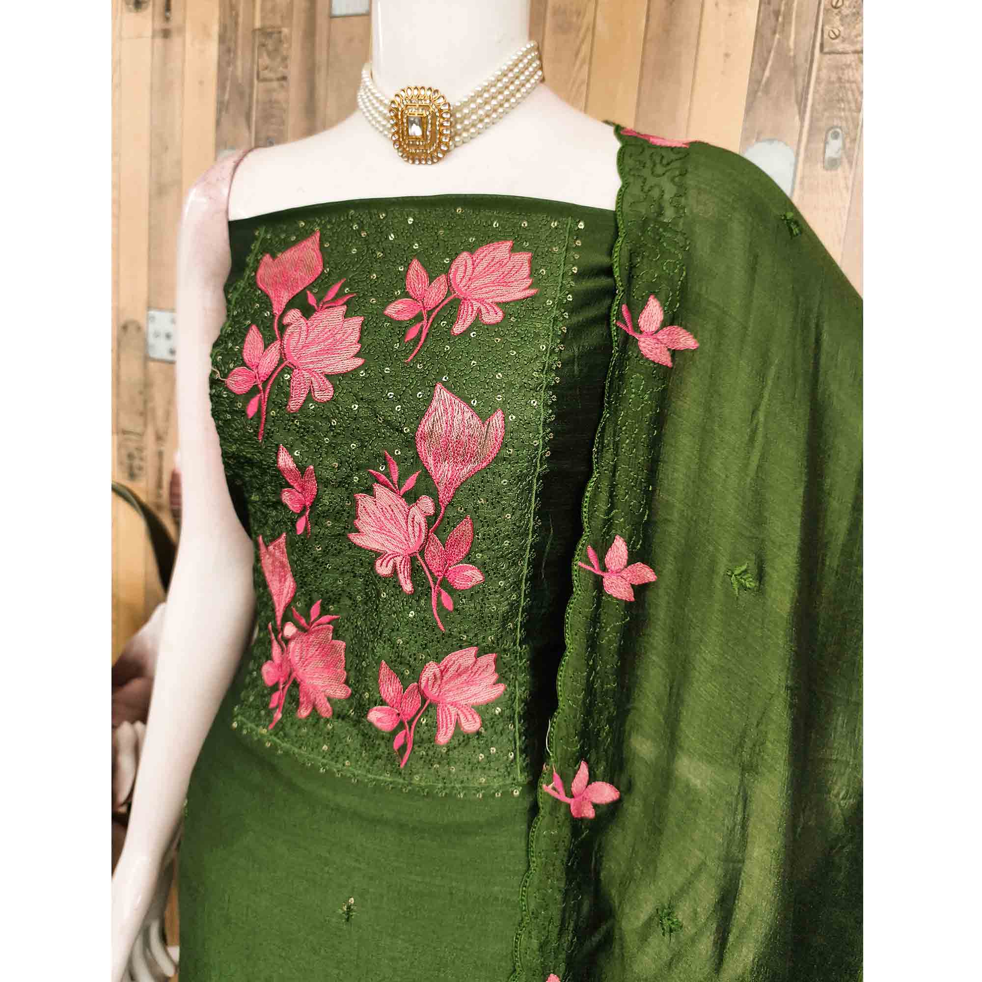 Green Floral Embroidered Vichitra Silk Dress Material for Elegant Ethnic Styling