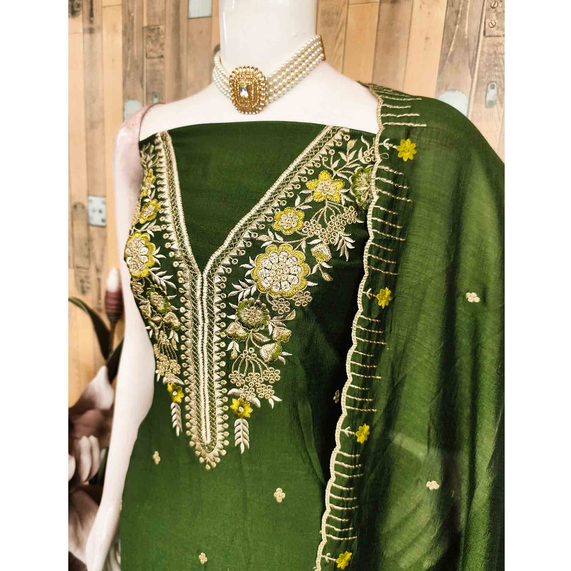 Green Premium Vichitra Silk Dress Material Featuring Delicate Floral Embroidered Detailing