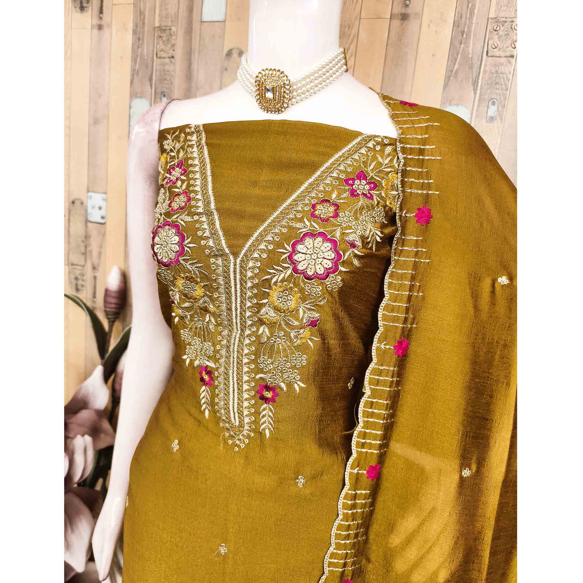 Mustard Premium Vichitra Silk Dress Material Featuring Delicate Floral Embroidered Detailing