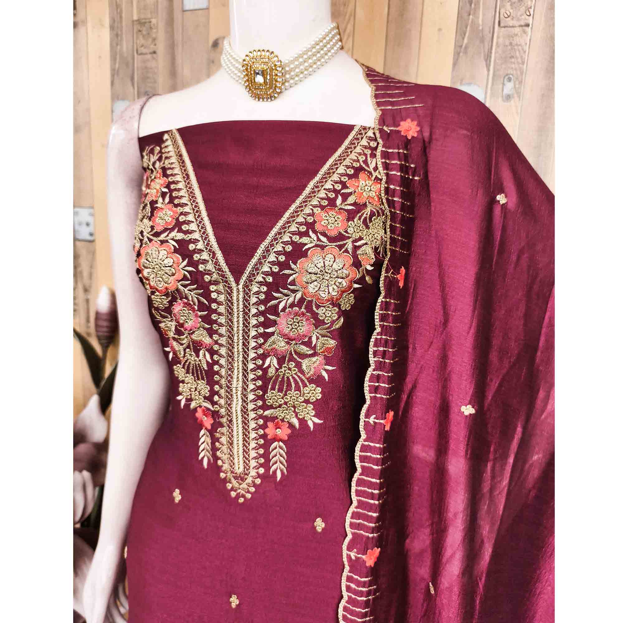 Wine Premium Vichitra Silk Dress Material Featuring Delicate Floral Embroidered Detailing