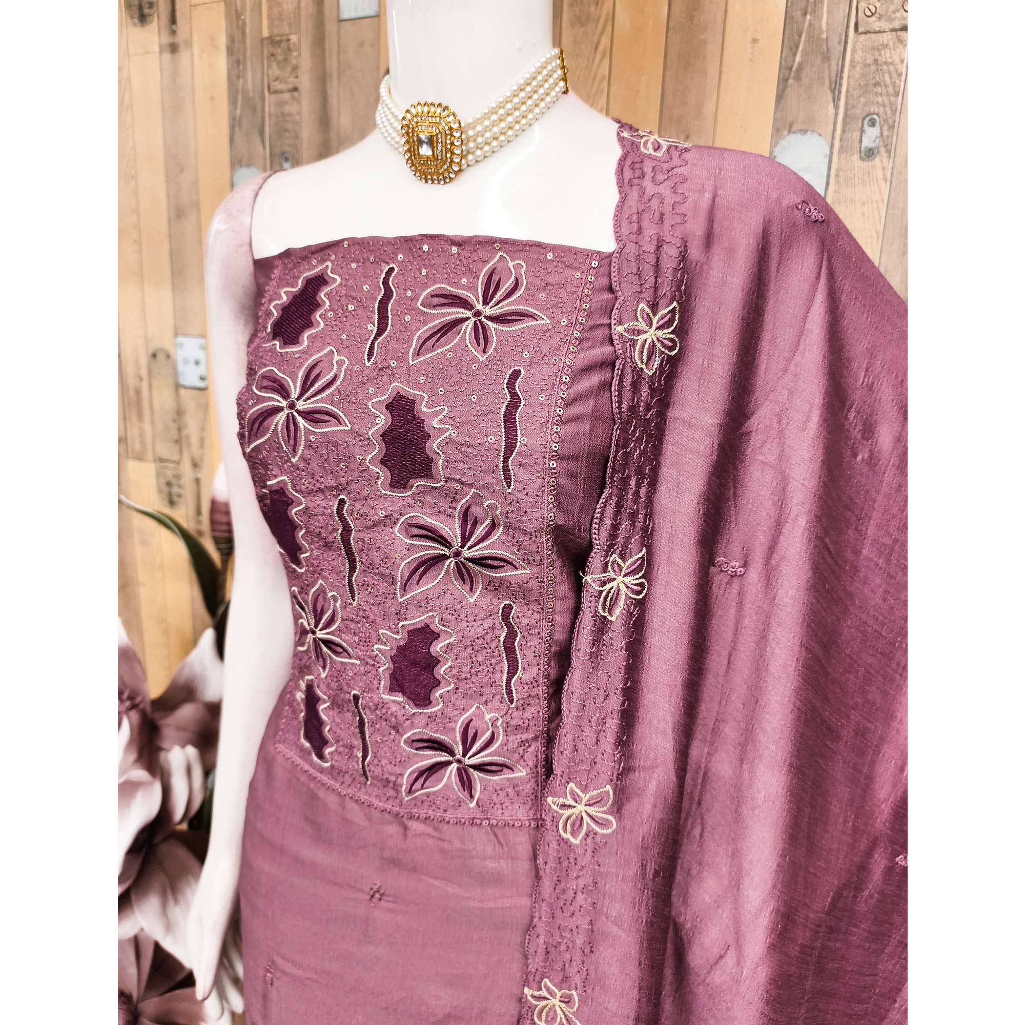Mauve Floral Embroidery Enhanced Vichitra Silk Fabric Set for Stylish Traditional Outfits