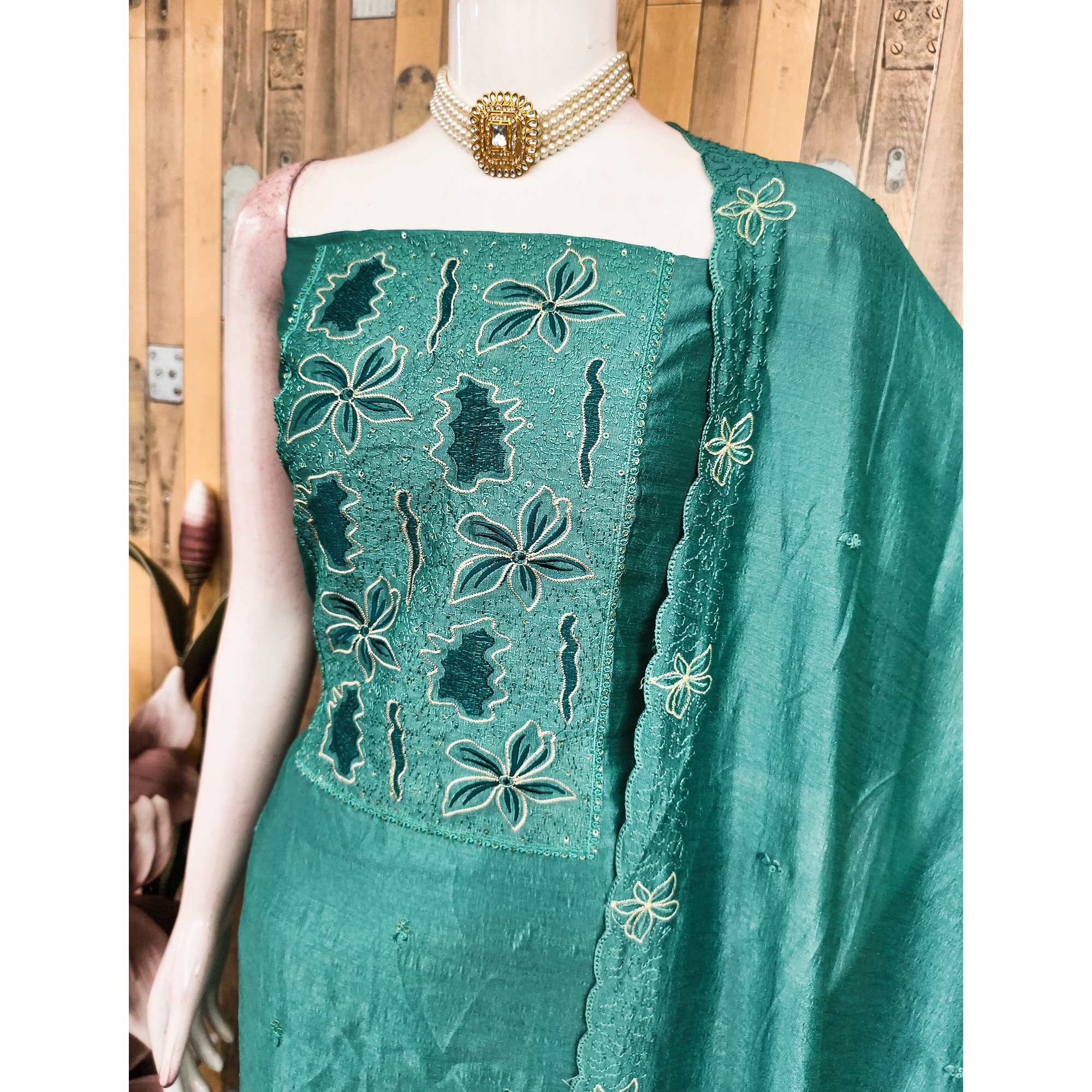 Teal Green Floral Embroidery Enhanced Vichitra Silk Fabric Set for Stylish Traditional Outfits