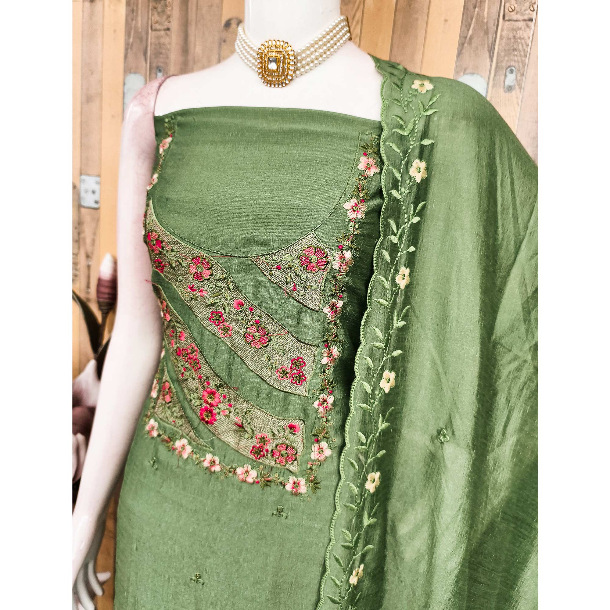 Green Embellished Vichitra Silk Dress Material with Graceful Floral Embroidery Work