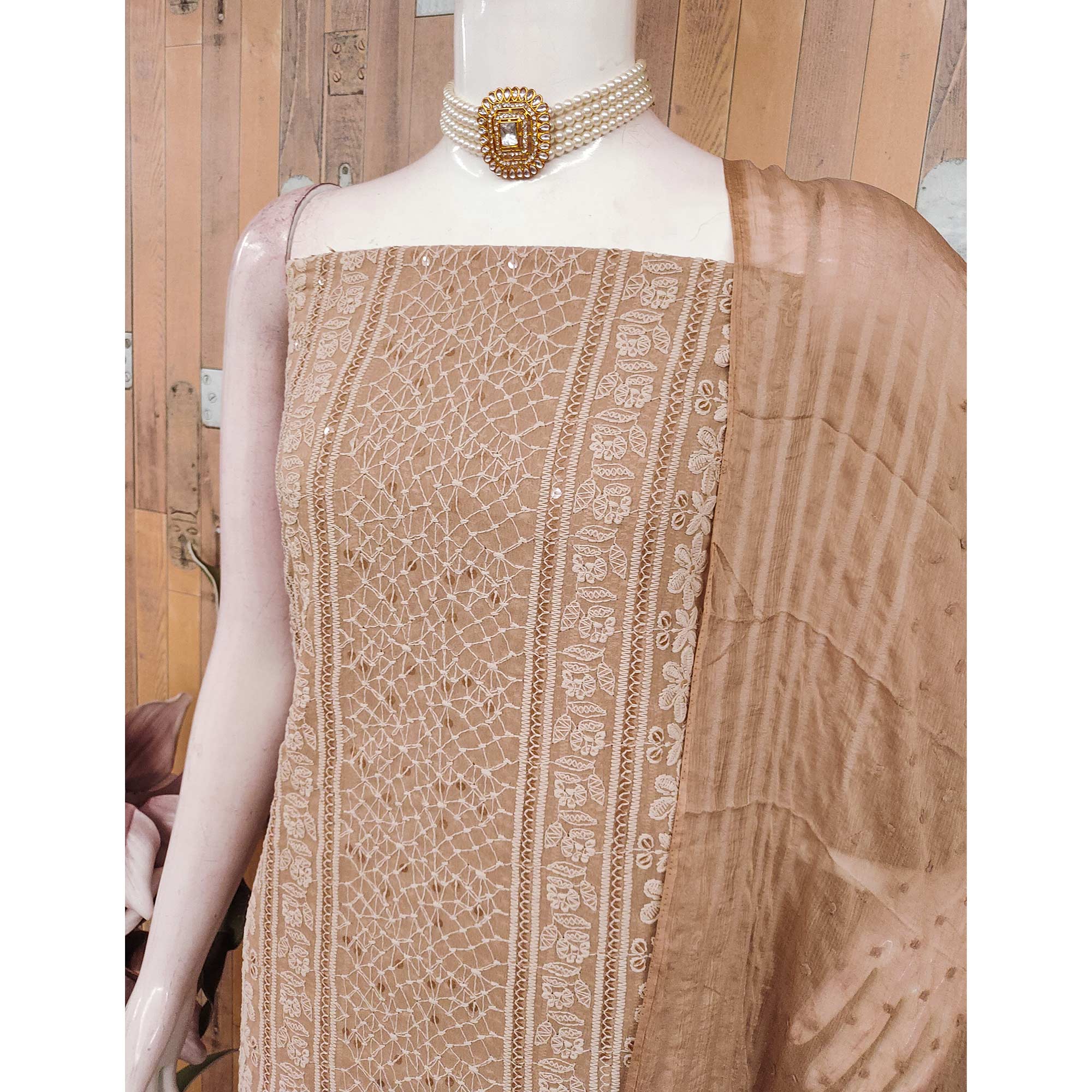 Elegant Brown Floral Embroidered Georgette Dress Material With Delicate Sequins Accents