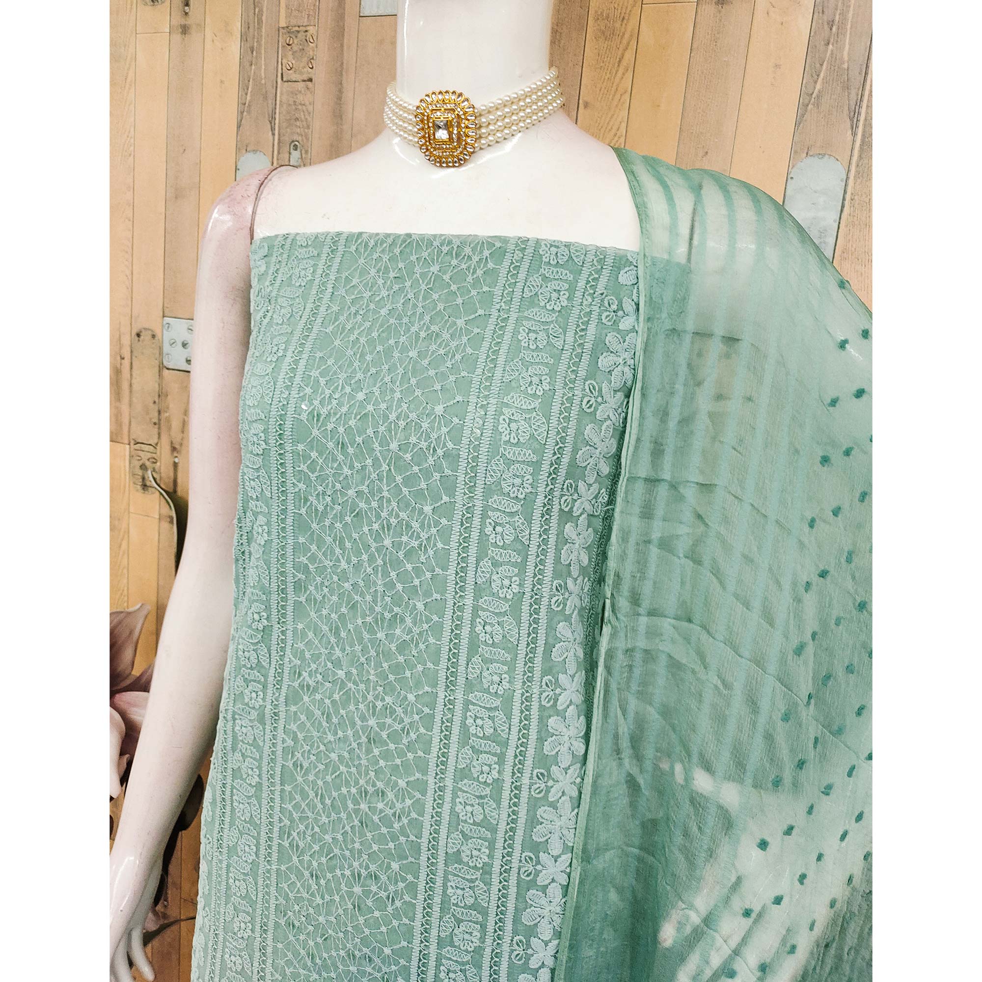 Elegant Dusty Turquoise Floral Embroidered Georgette Dress Material With Delicate Sequins Accents