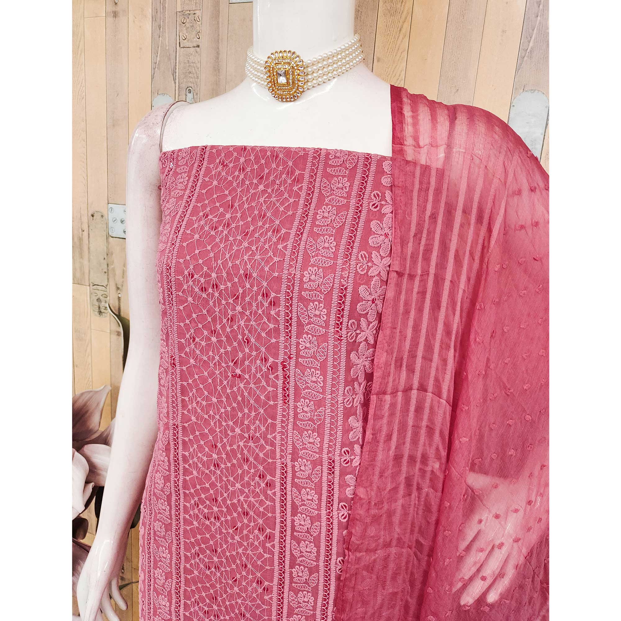 Elegant Gajari Pink Floral Embroidered Georgette Dress Material With Delicate Sequins Accents