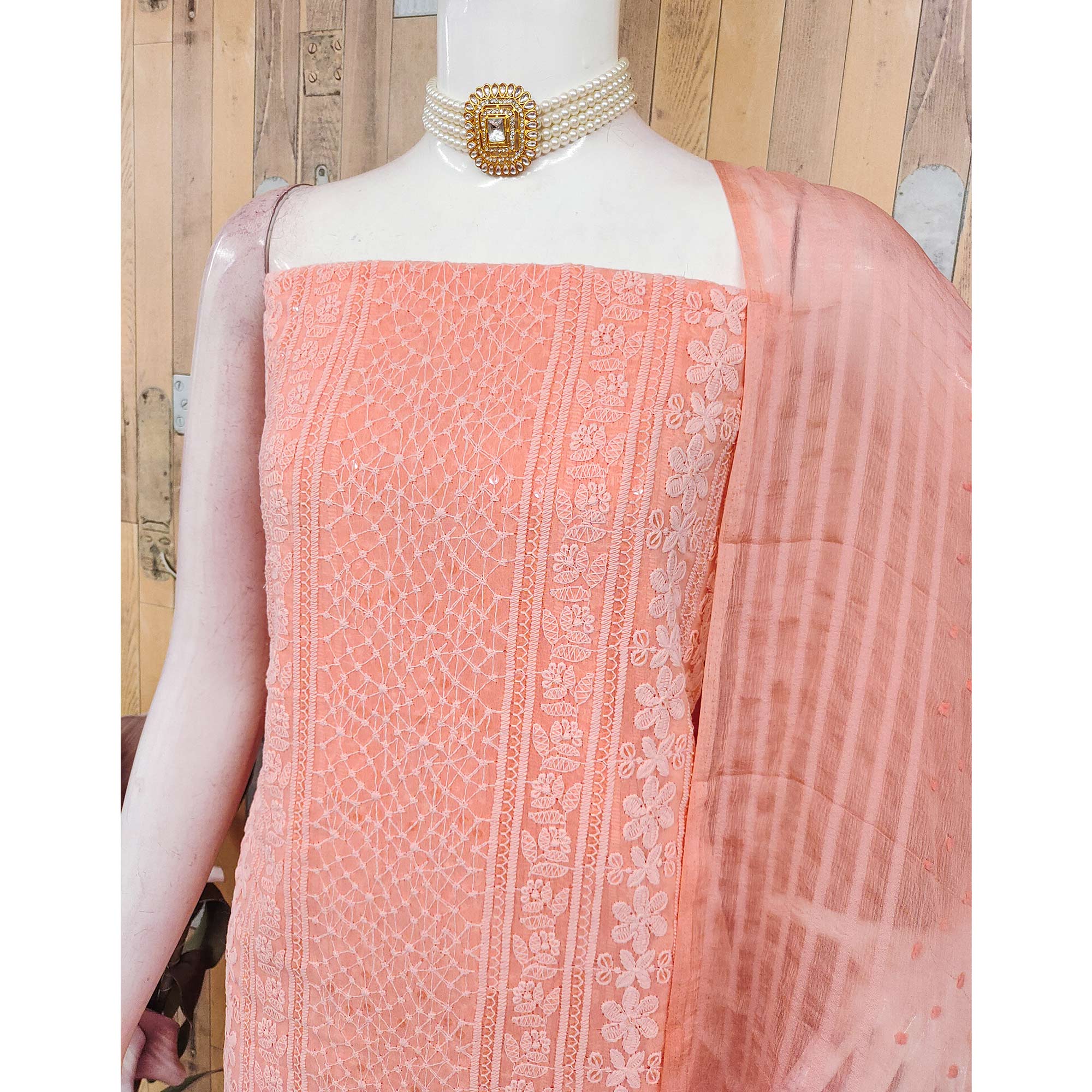 Elegant Peach Floral Embroidered Georgette Dress Material With Delicate Sequins Accents