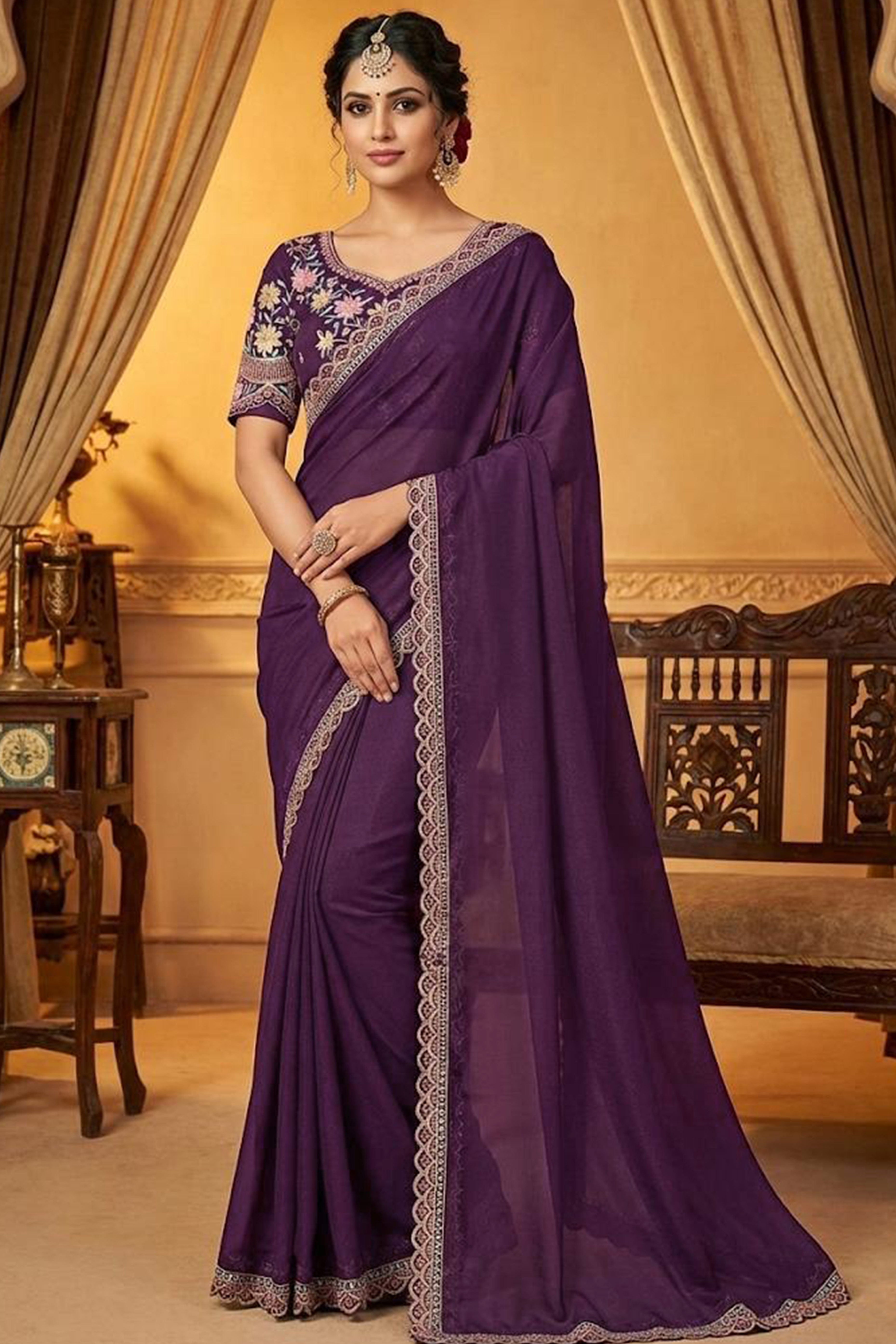 Purple Solid Georgette Saree With Embroidered Blouse Piece And Embroidered Border