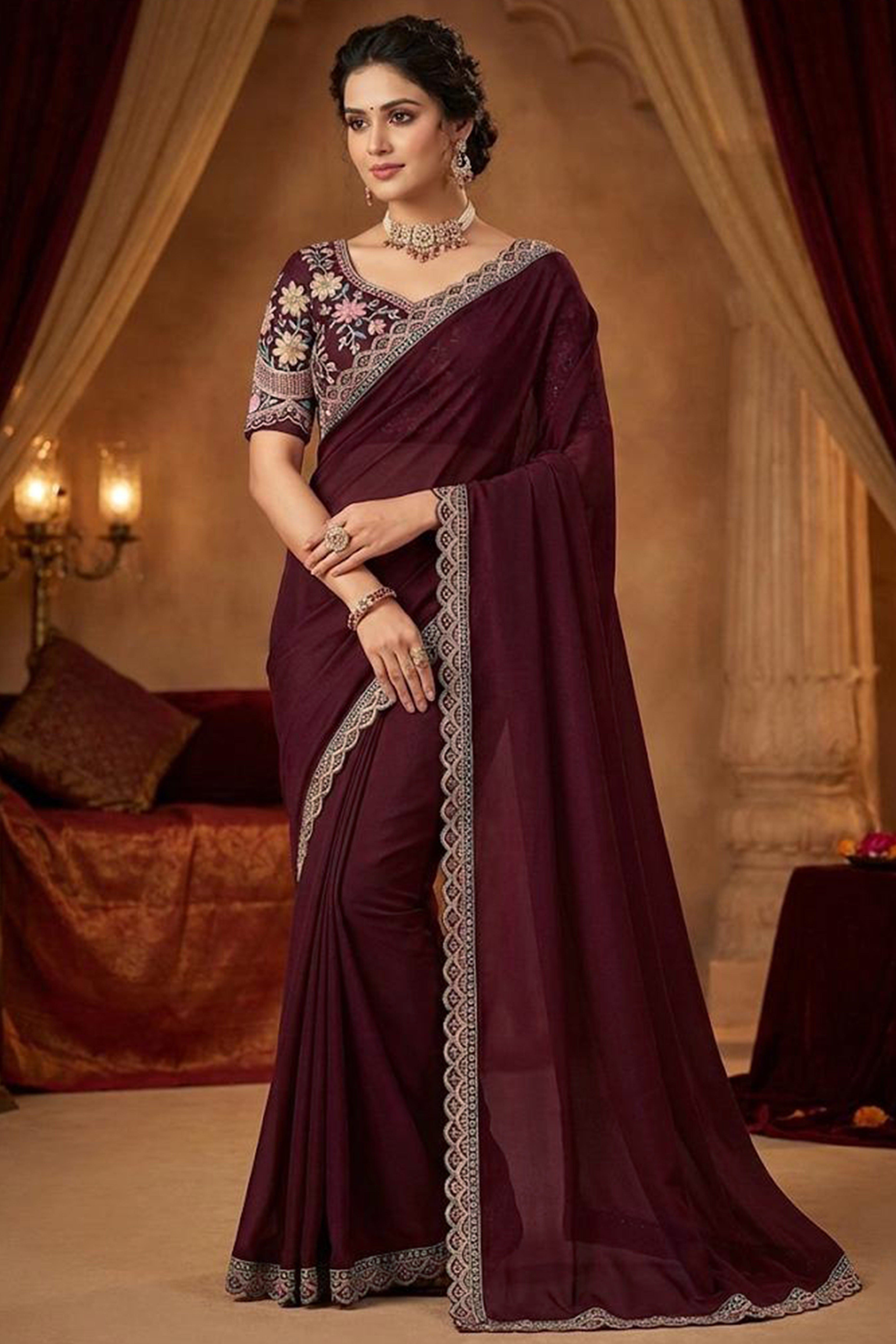 Wine Solid Georgette Saree With Embroidered Blouse Piece And Embroidered Border