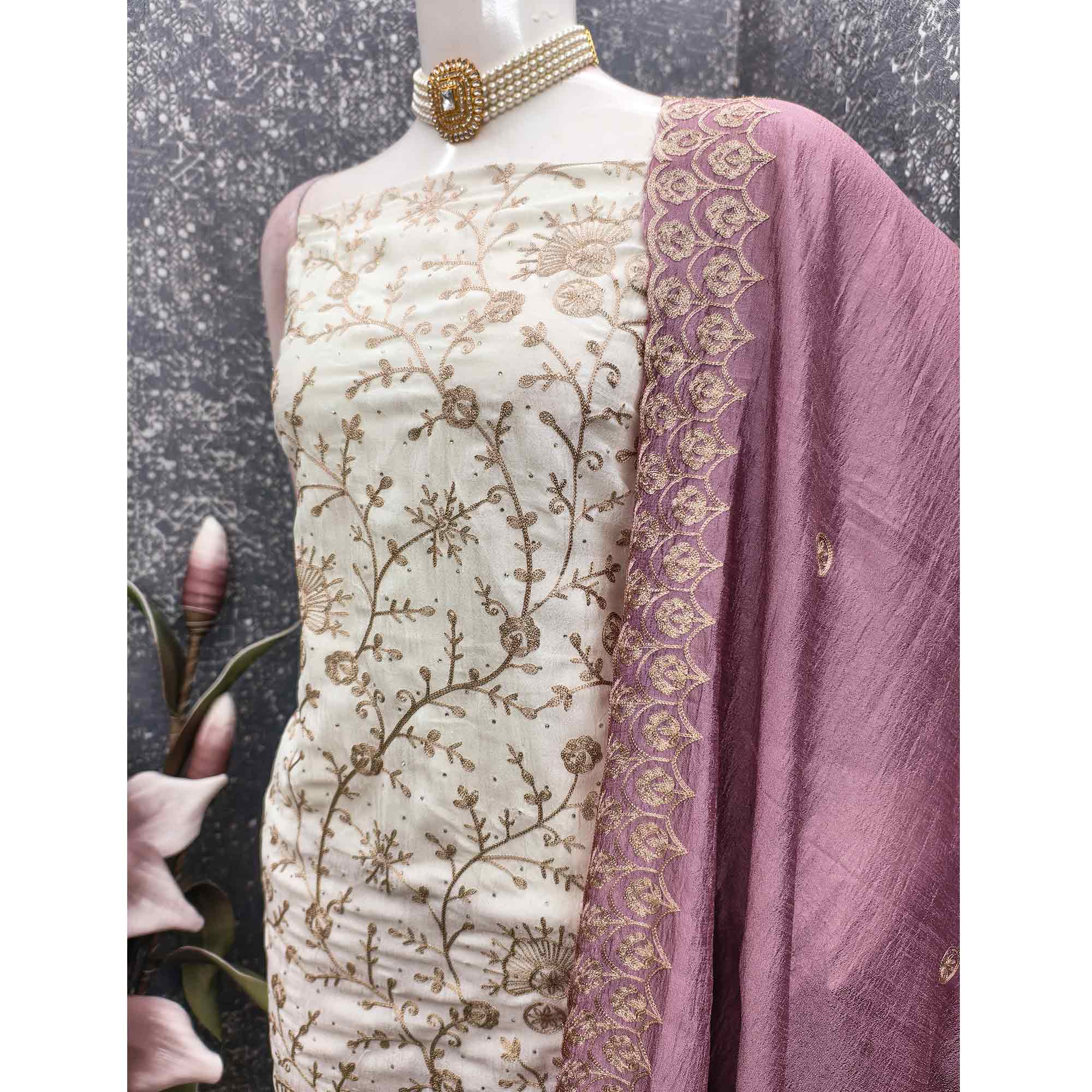 Off White Pink Thread Motifs Vichitra Silk Unstitched Salwar Material