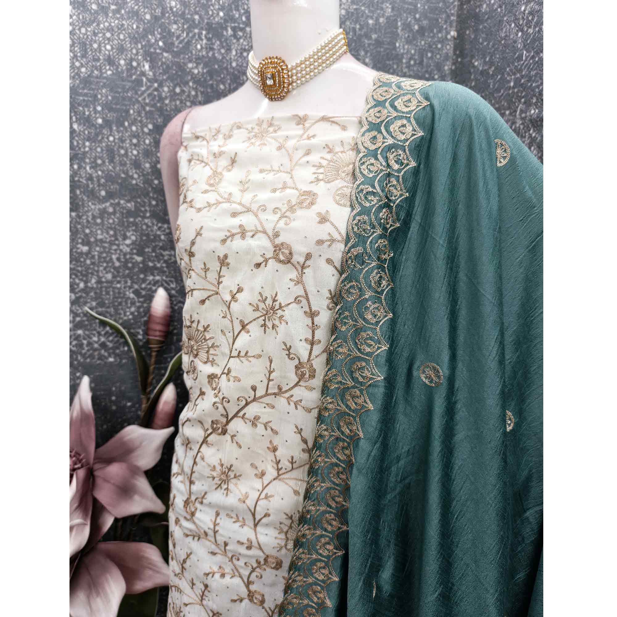 Off White Teal Thread Motifs Vichitra Silk Unstitched Salwar Material