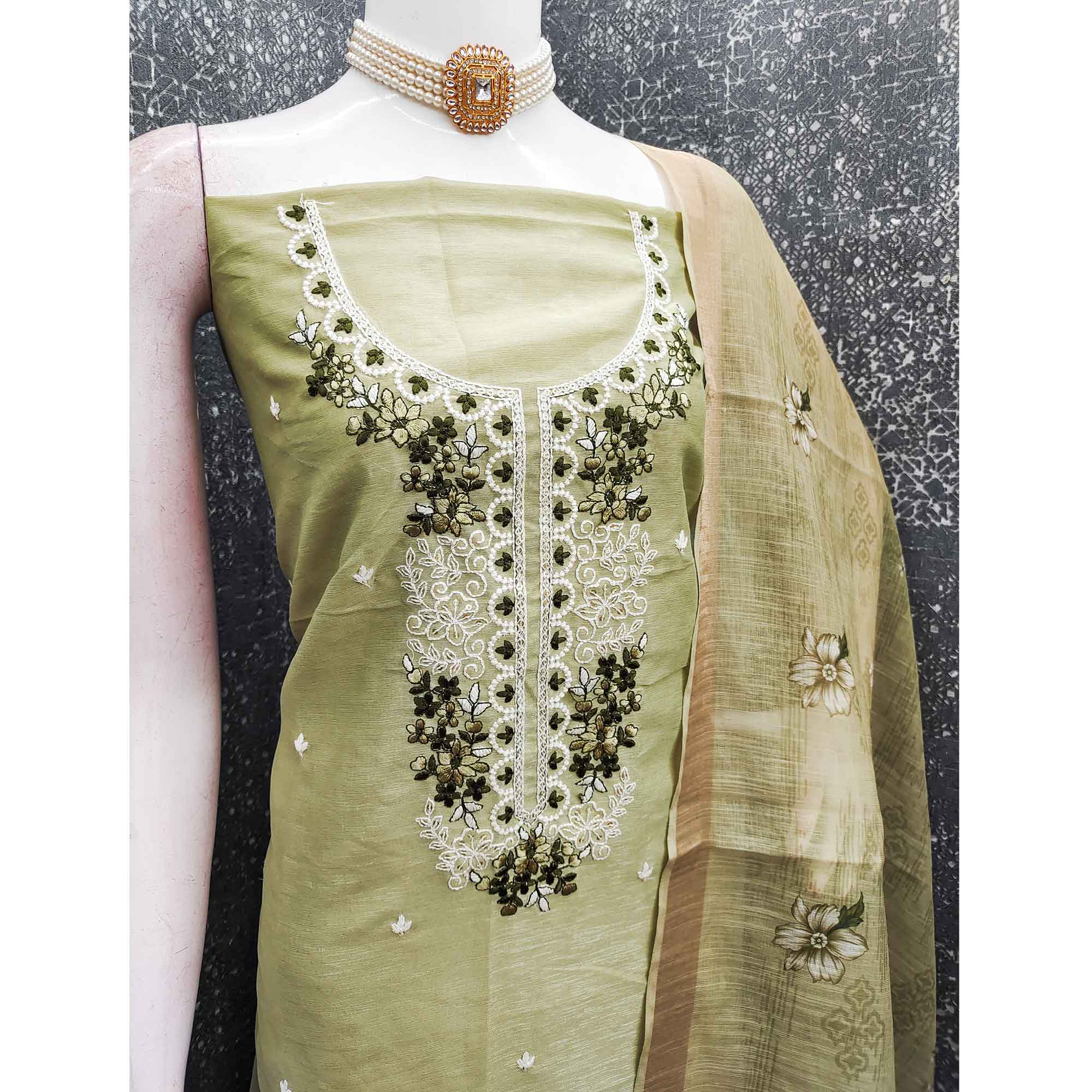 Elegant Green Floral Thread Embroidered Art Silk Dress Material Adorned With Shimmering Sequins