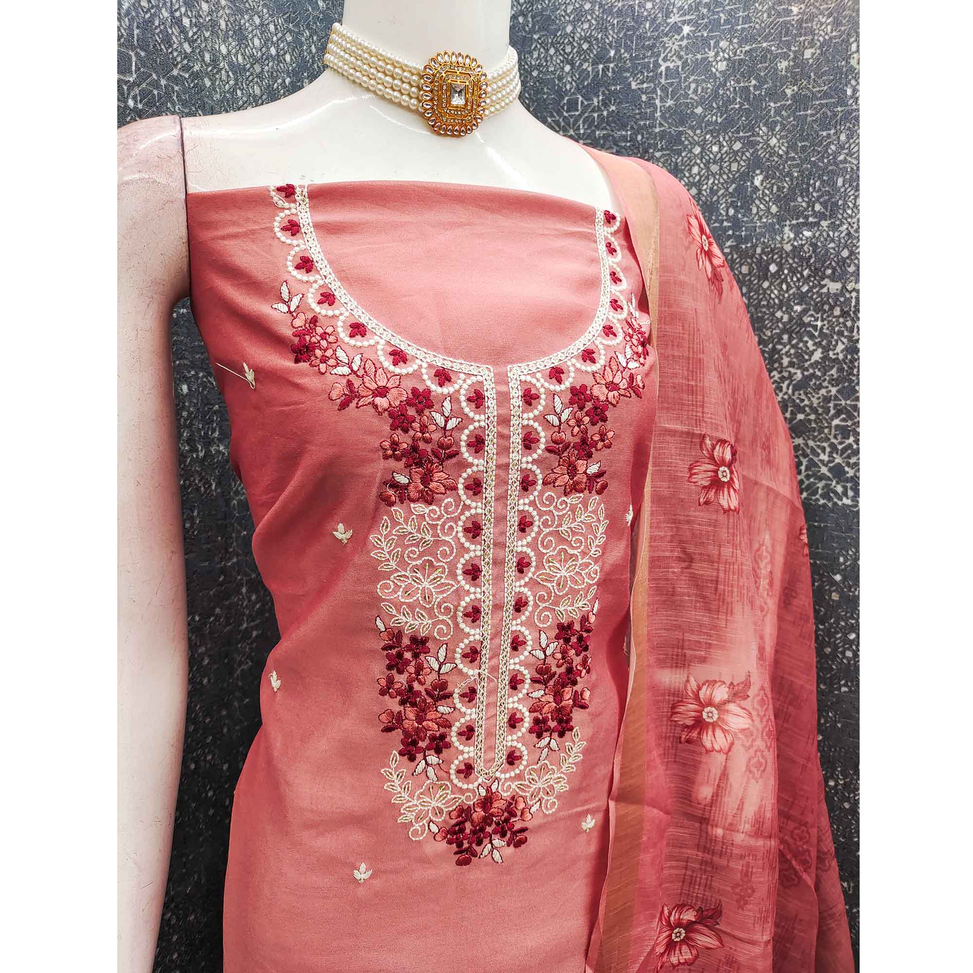 Elegant Peach Floral Thread Embroidered Art Silk Dress Material Adorned With Shimmering Sequins