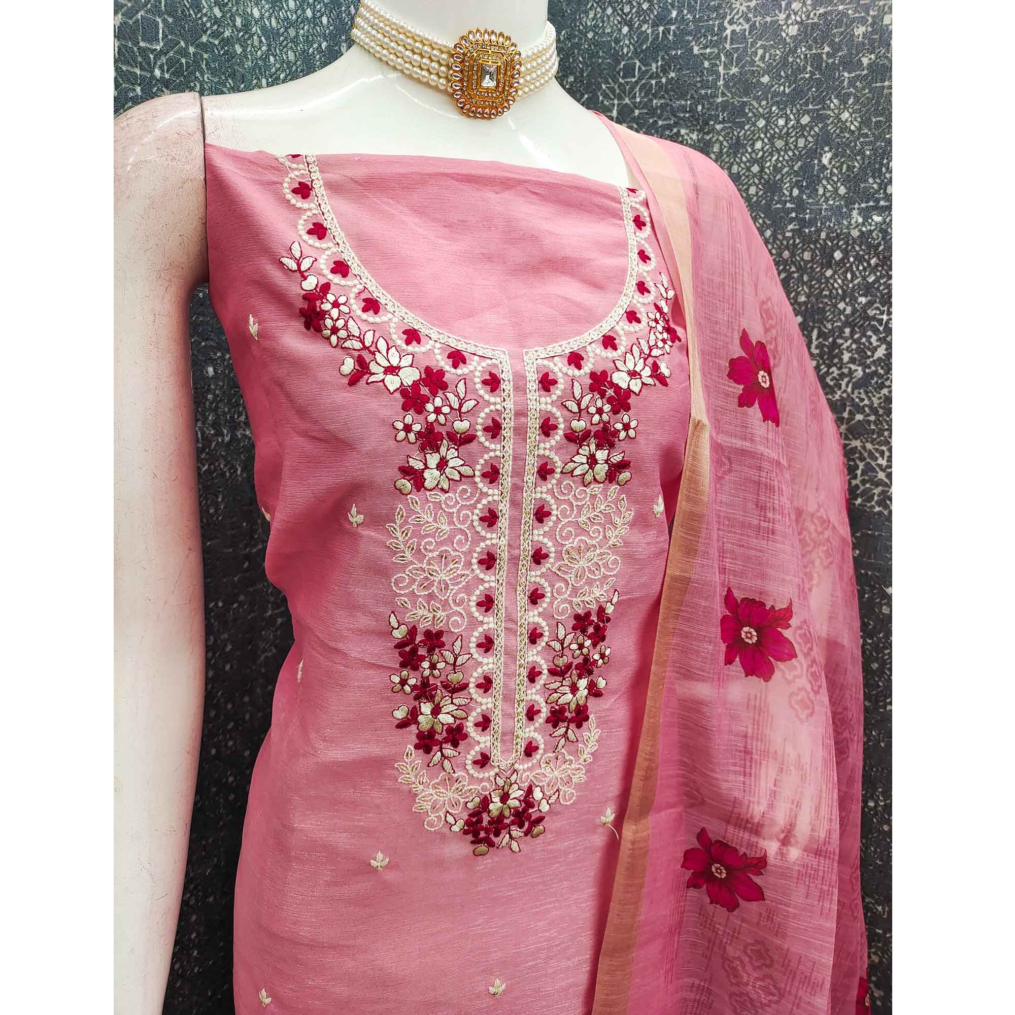 Elegant Pink Floral Thread Embroidered Art Silk Dress Material Adorned With Shimmering Sequins