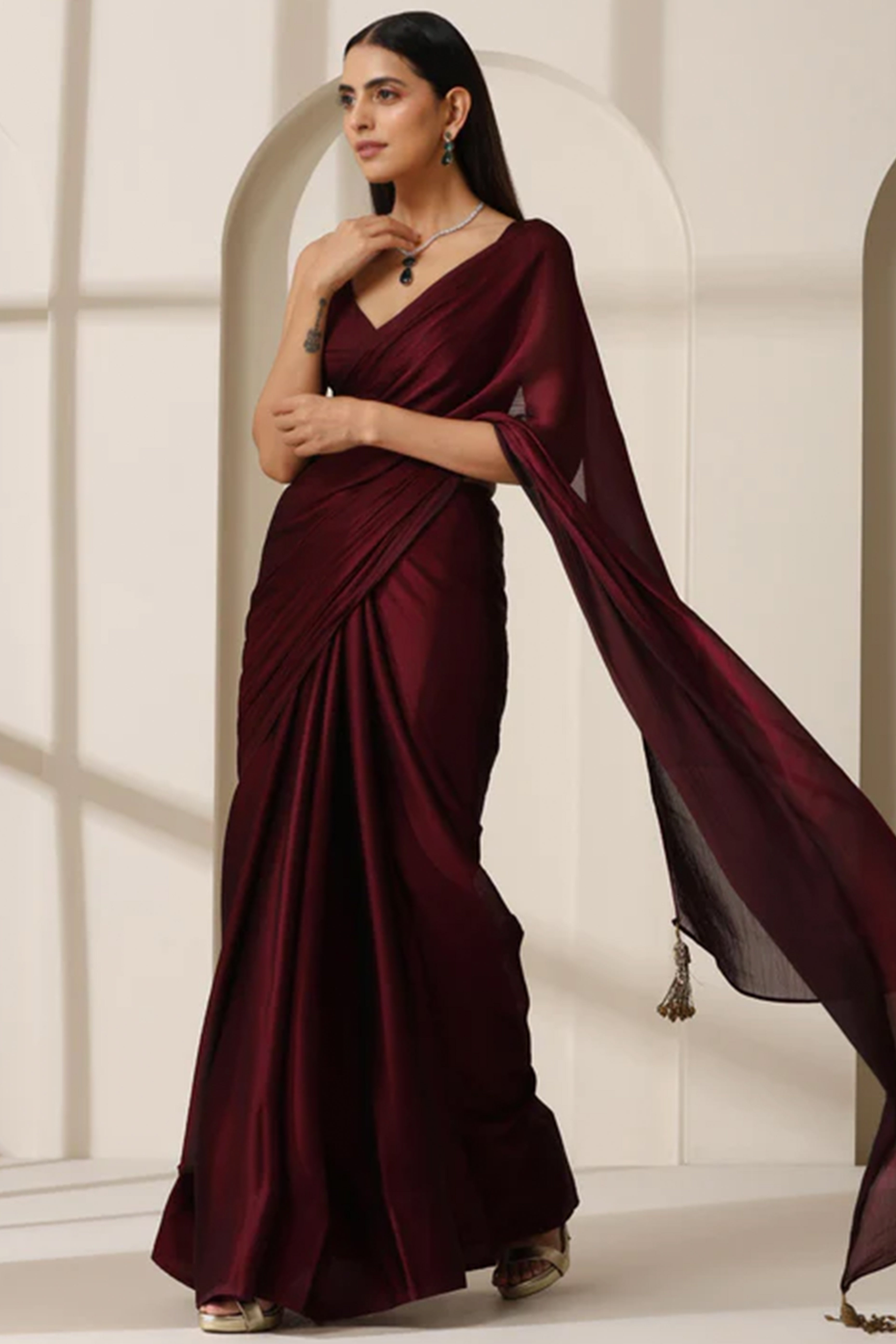 Elegant Maroon Solid Silk Blend Saree Crafted for Glamorous Party Wear