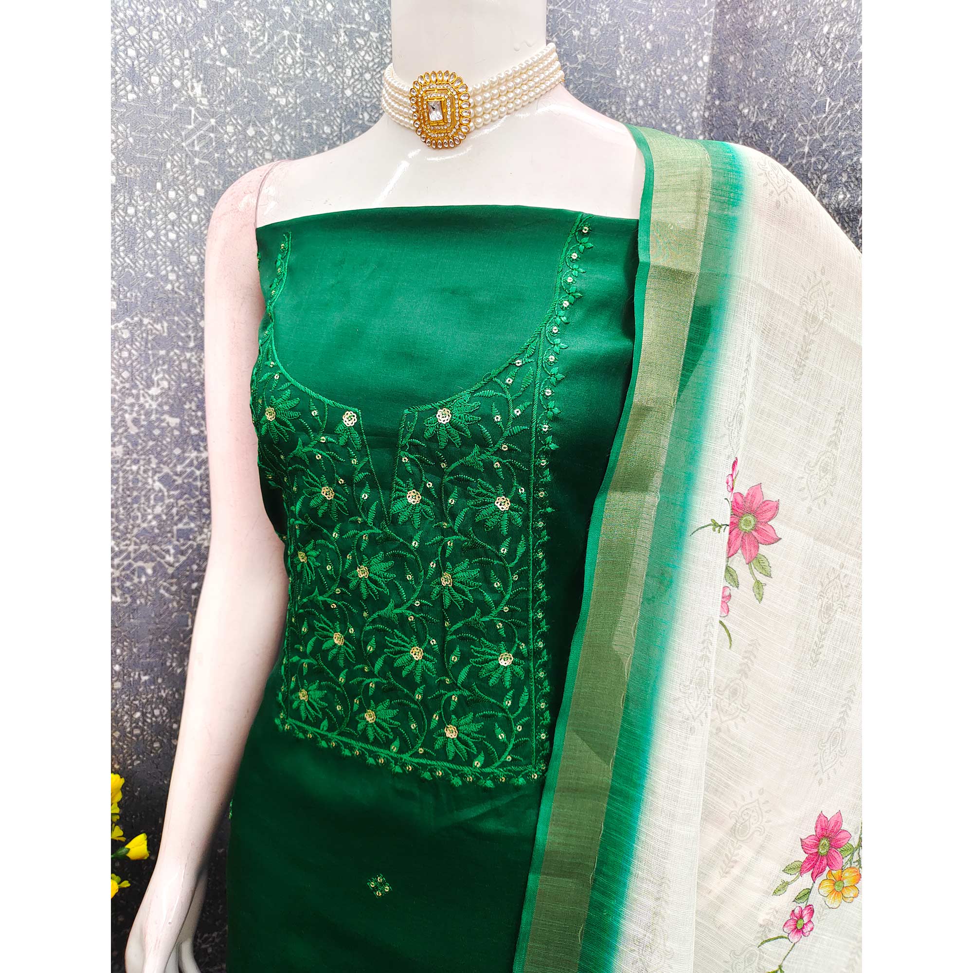 Elegant Green Floral Thread Embroidered Tussar Silk Dress Material Adorned with Sequins Work