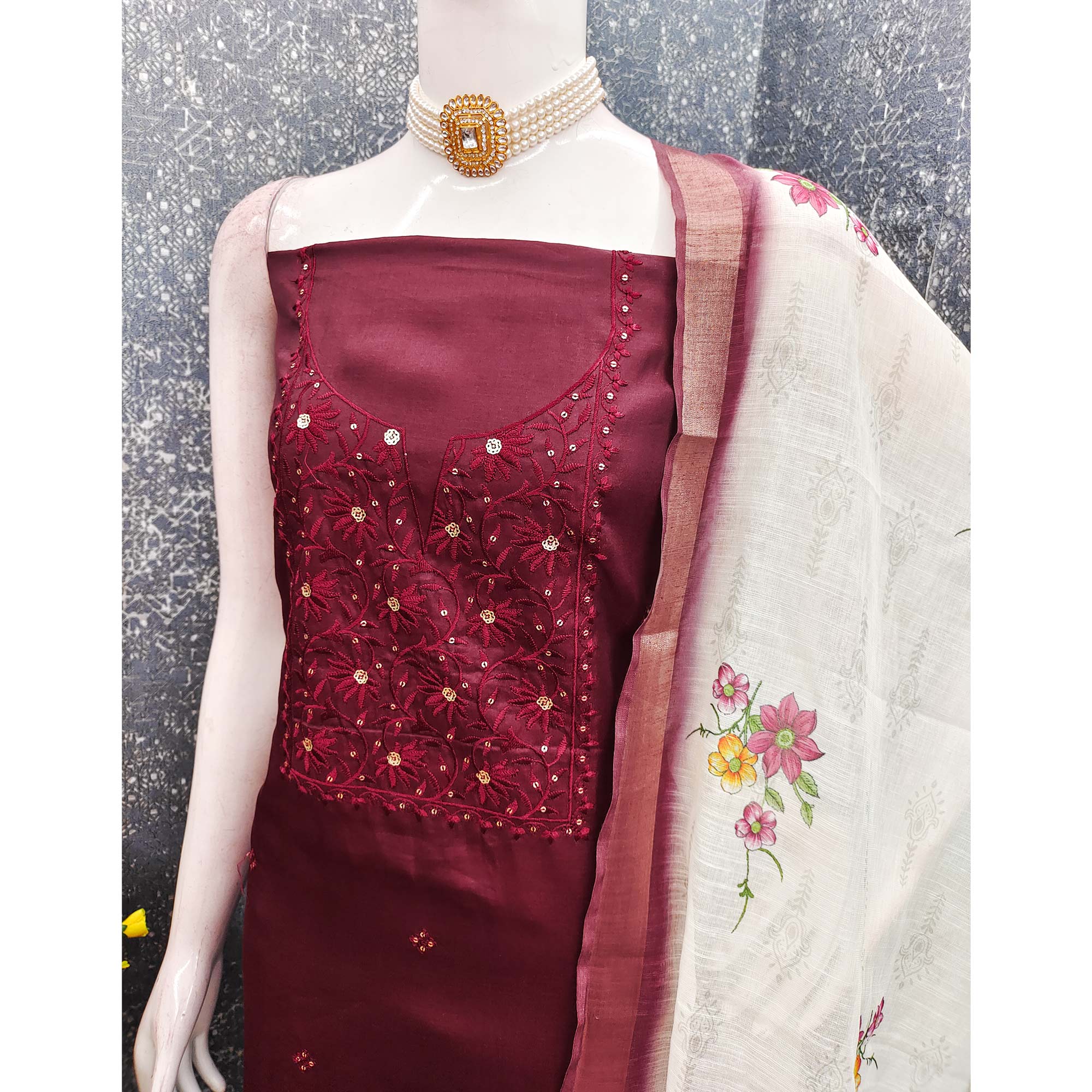 Elegant Maroon Floral Thread Embroidered Tussar Silk Dress Material Adorned with Sequins Work