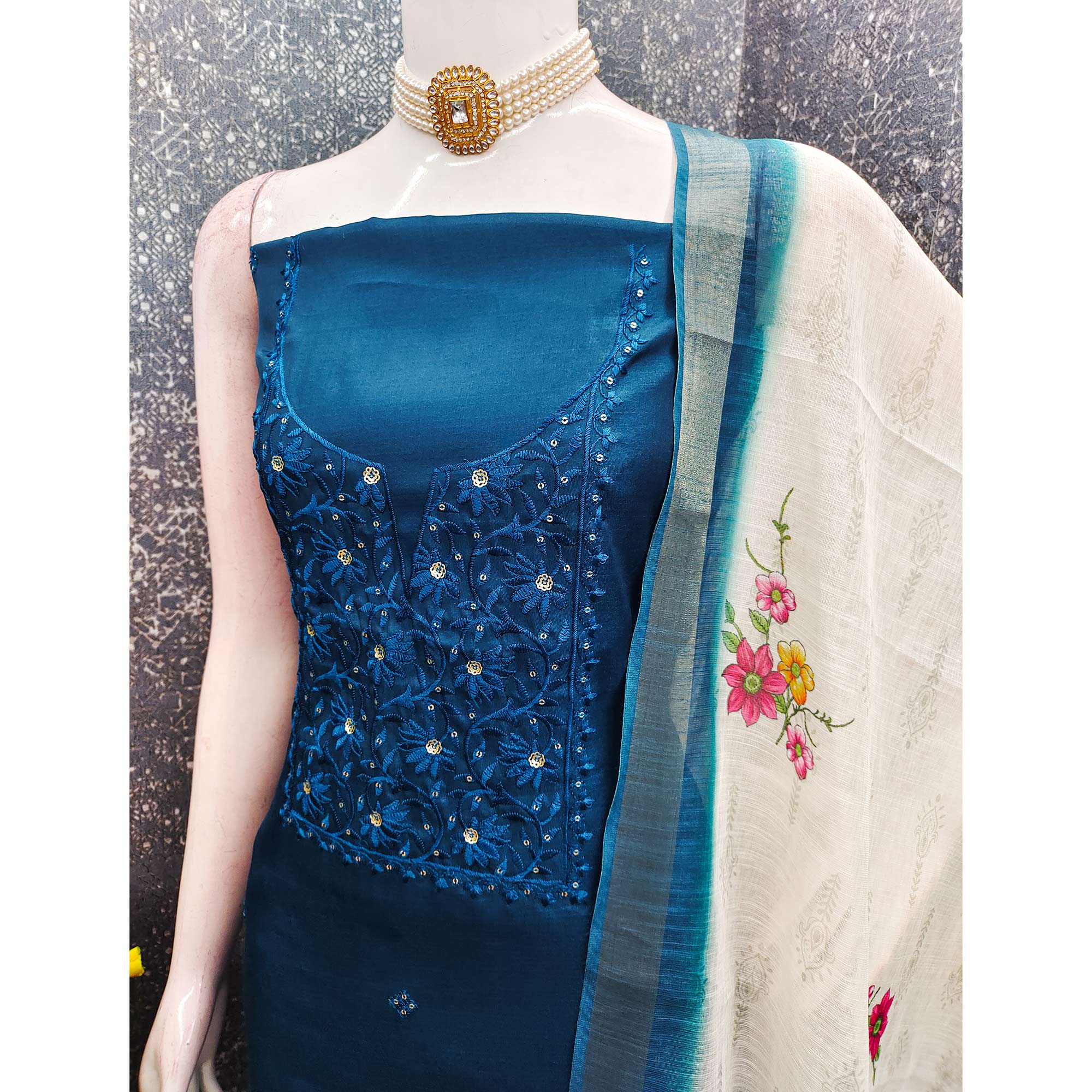 Elegant Morpich Blue Floral Thread Embroidered Tussar Silk Dress Material Adorned with Sequins Work