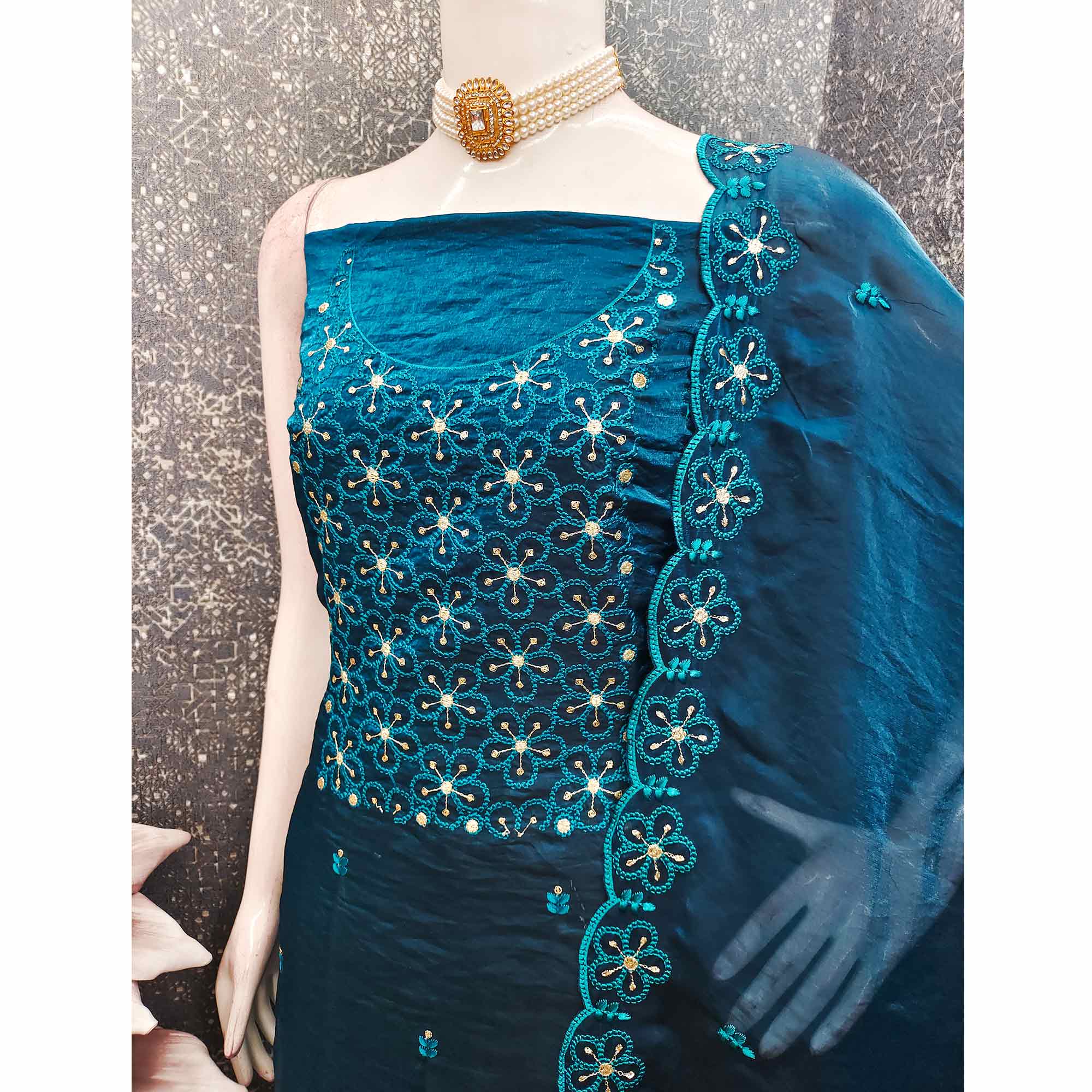 Charming Morpich Blue Floral Embroidery Organza Satin Silk Dress Material With Sequins Work