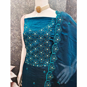 Charming Morpich Blue Floral Embroidery Organza Satin Silk Dress Material With Sequins Work