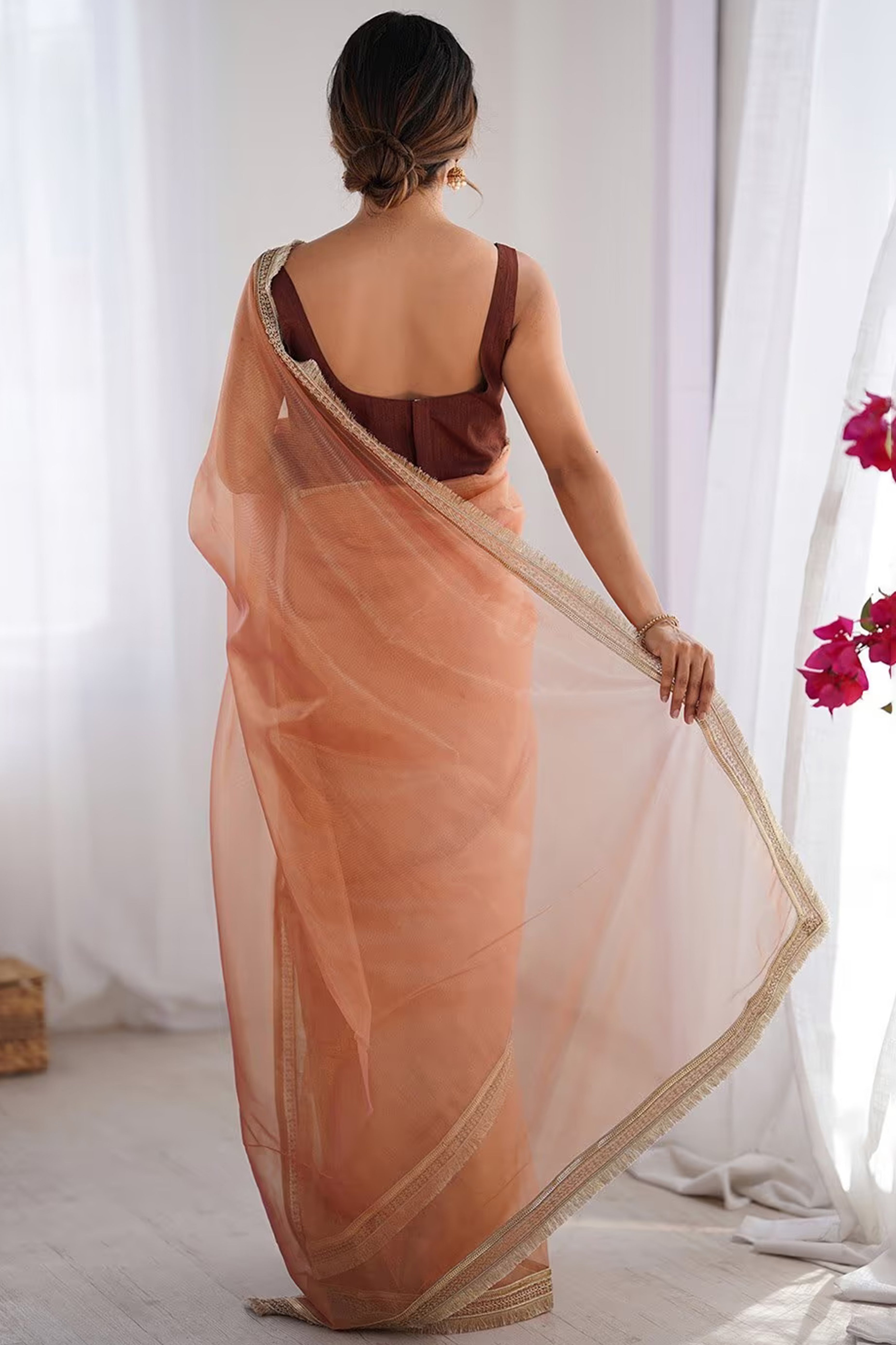 Brown Solid Pattern Net Saree with Refined Lace Work for Parties