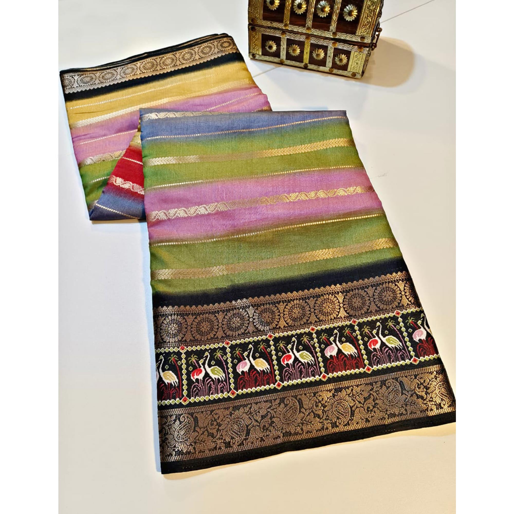 Festive Wear Multicolor Striped Dola Silk Saree with Elegant Zari Weave