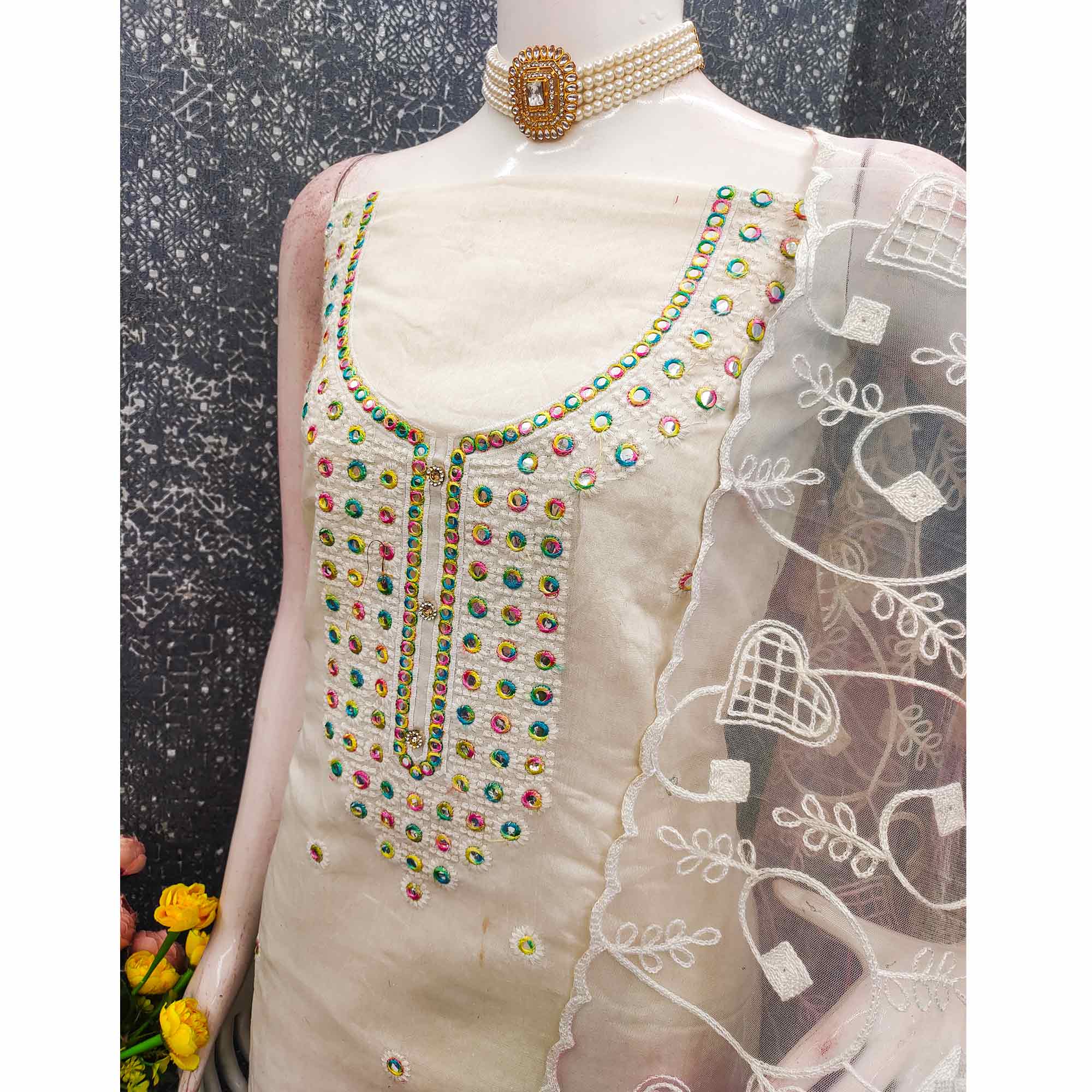 Off White Designer Chanderi Dress Material with Intricate Thread Embroidery Detailing