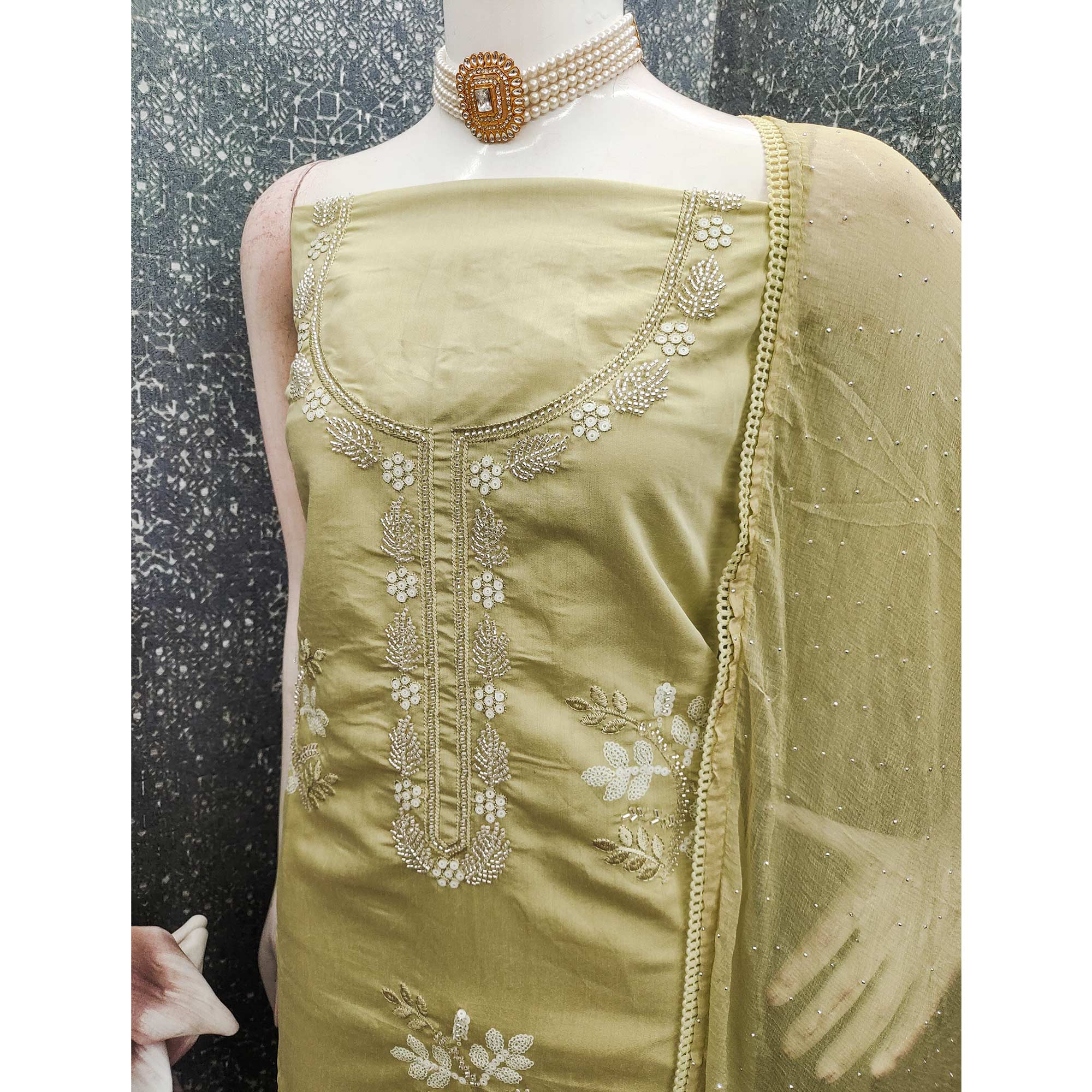 Light Green Floral Embroidered Viscose Suit Fabric with Exquisite Beads Work