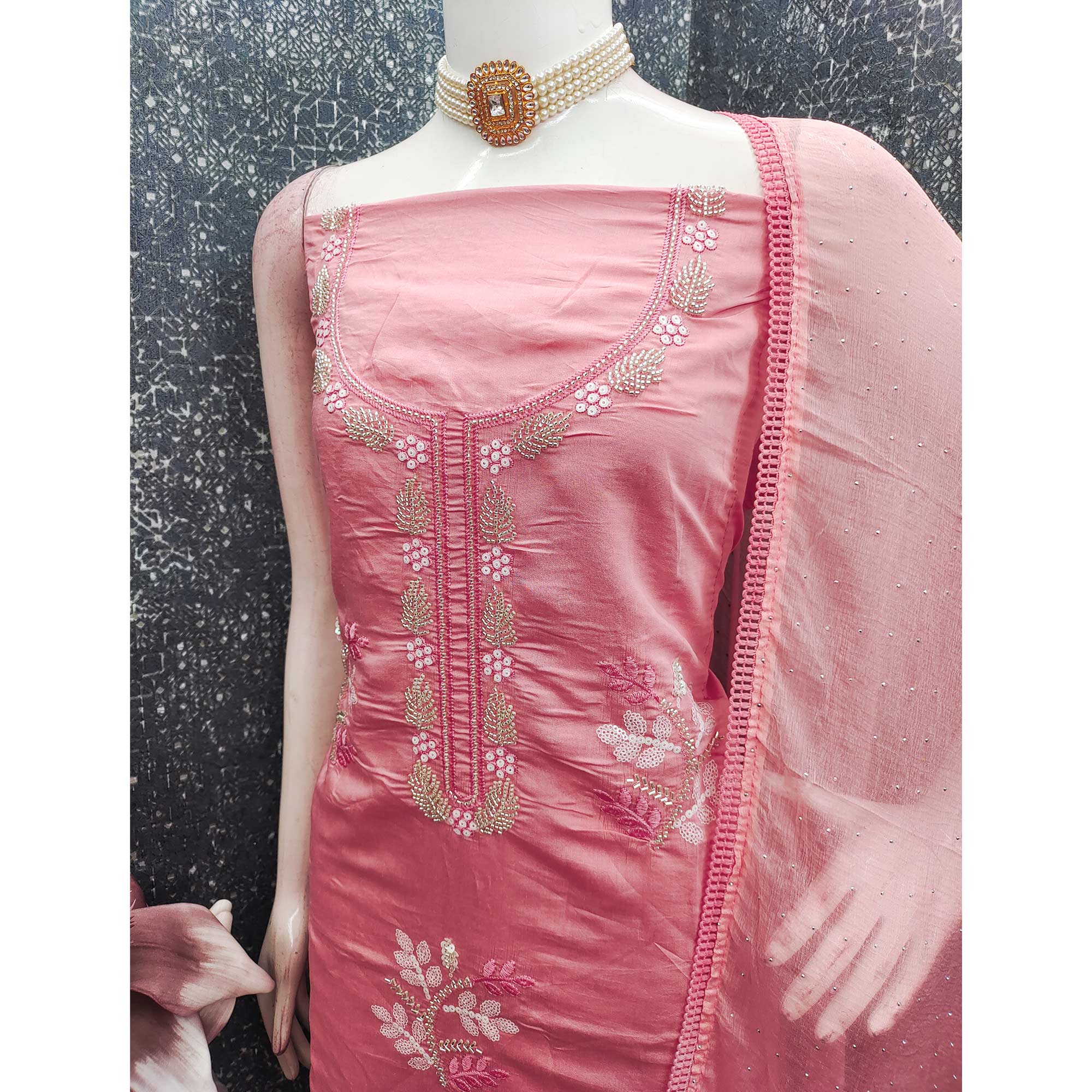 Peach Floral Embroidered Viscose Suit Fabric with Exquisite Beads Work