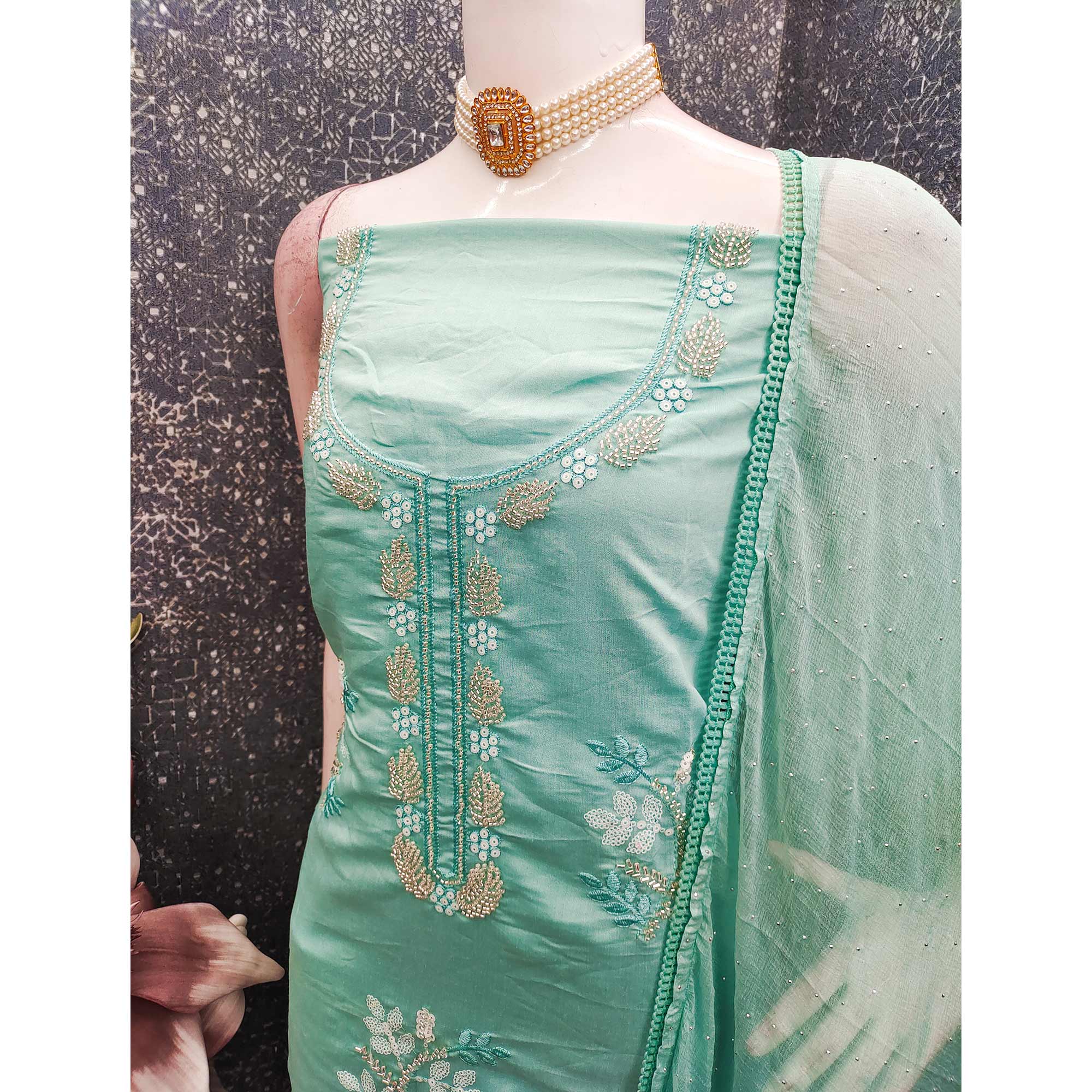 Turquoise Floral Embroidered Viscose Suit Fabric with Exquisite Beads Work