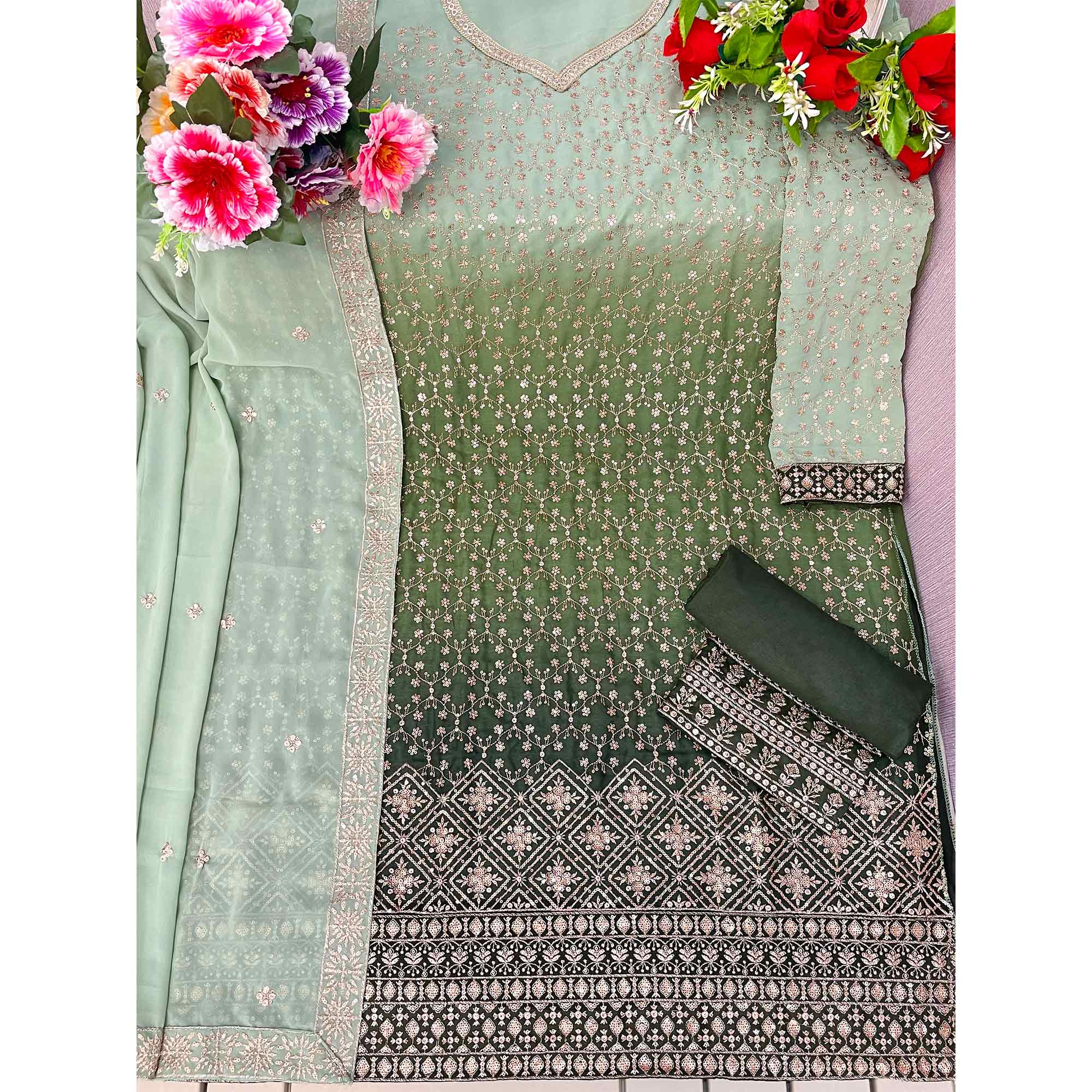 Green Sequins Embroidered Georgette Semi Stitched Suit