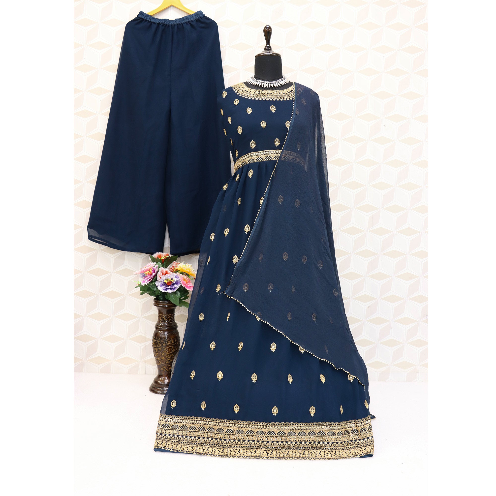 Blue Sequins Embroidered Georgette Naira Cut Semi Stitched Suit