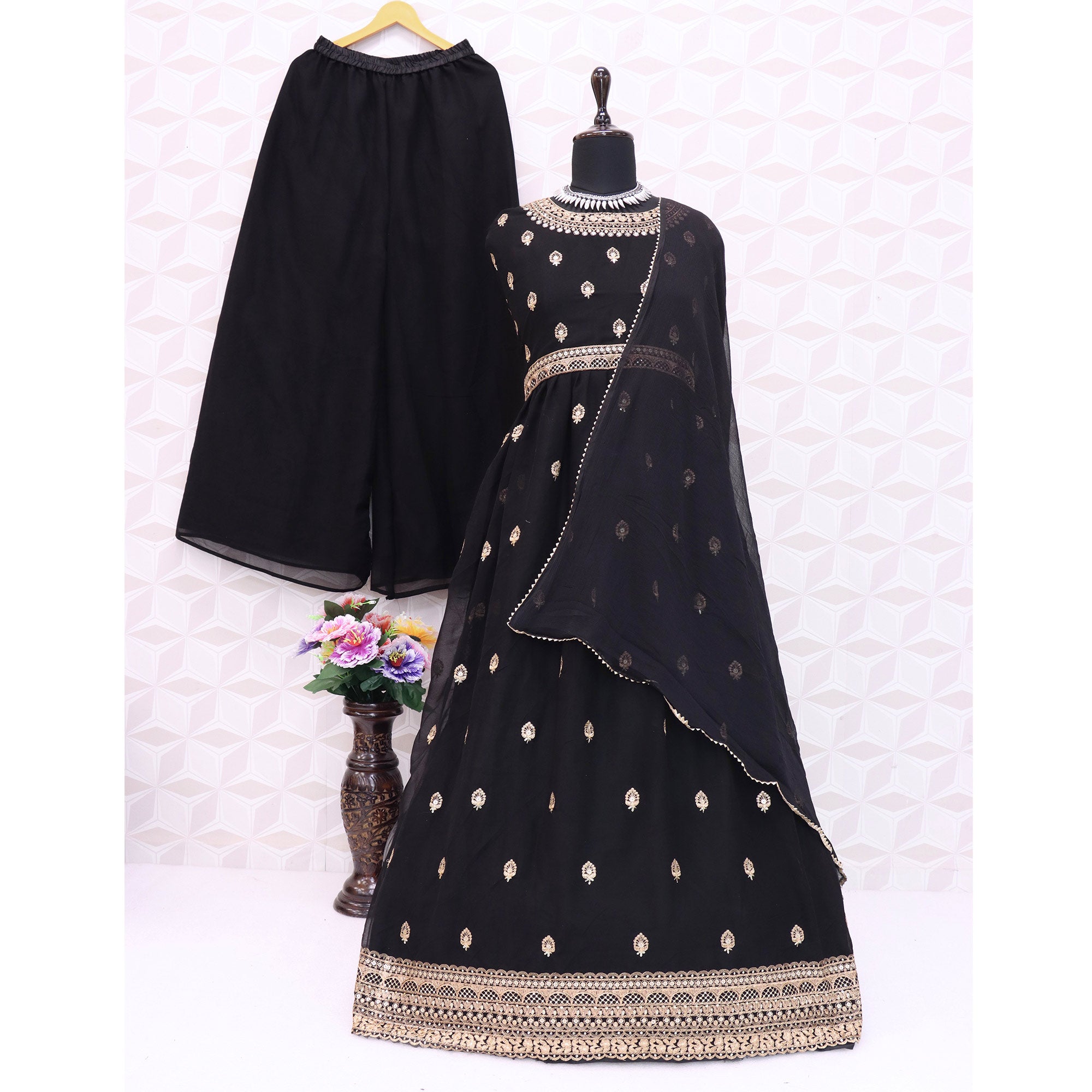 Black Sequins Embroidered Georgette Naira Cut Semi Stitched Suit